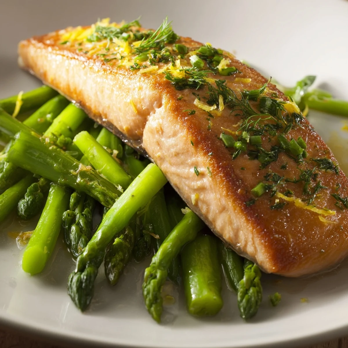 Close-up of Pan Seared Salmon with Asparagus Spears, showcasing flaky pink fish, sautéed asparagus, and fresh herbs, ready for a low-carb weeknight meal.