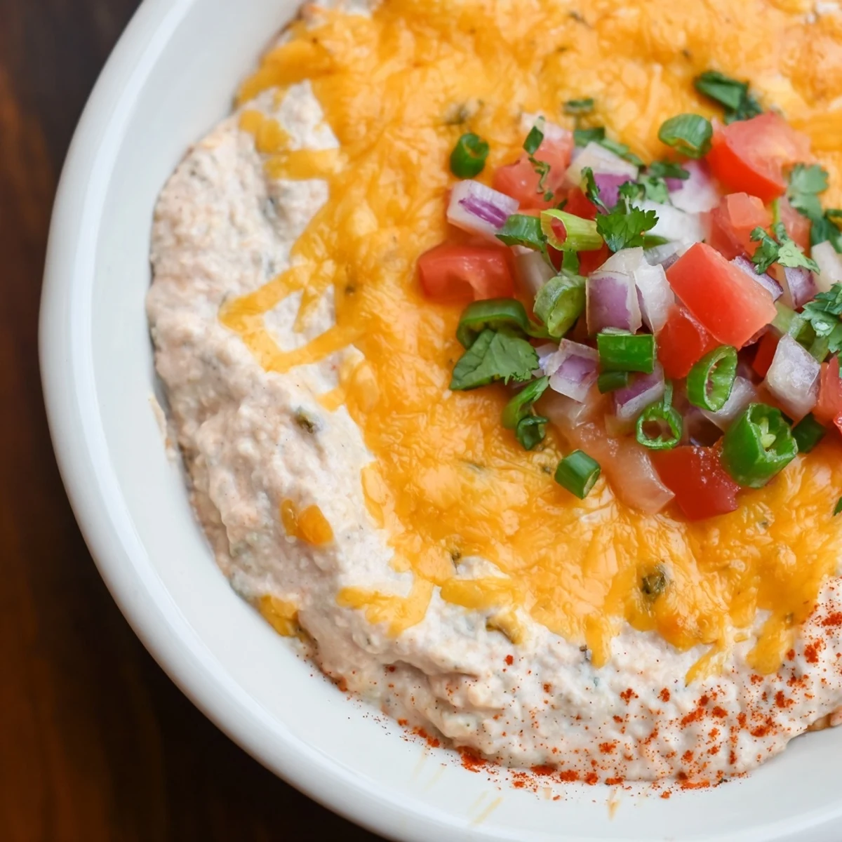 A close-up of warm, bubbly Bean Dip with Cheddar Cheese in a baking dish, topped with fresh cilantro and diced tomatoes for a creamy, crowd-pleasing appetizer.