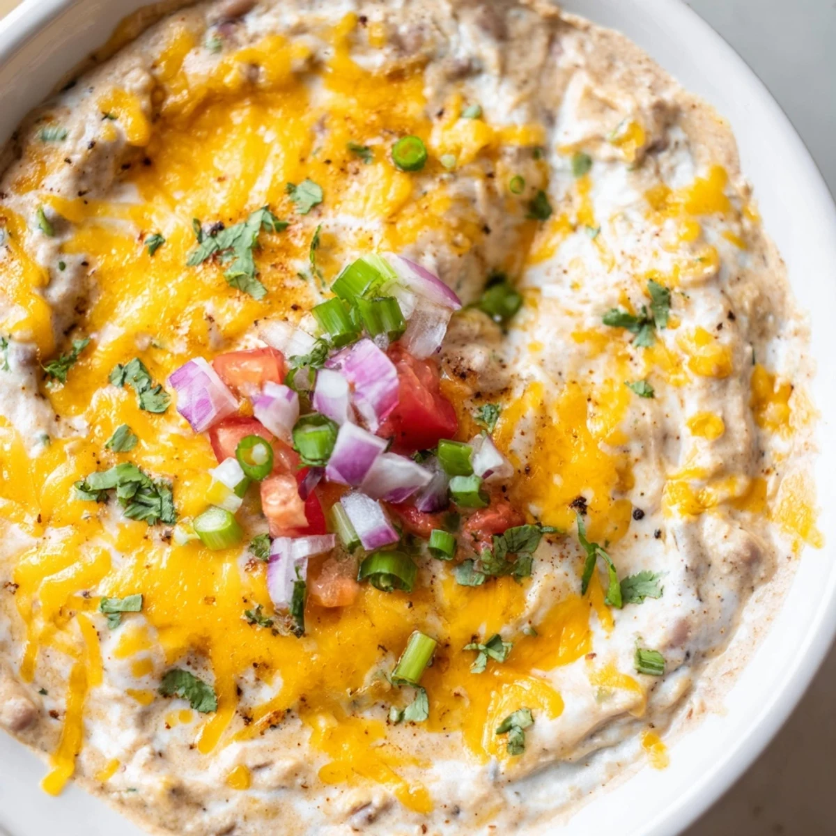 A generous scoop of creamy Bean Dip with Cheddar Cheese on a chip, garnished with green onions and tomatoes, perfect for parties or game day.
