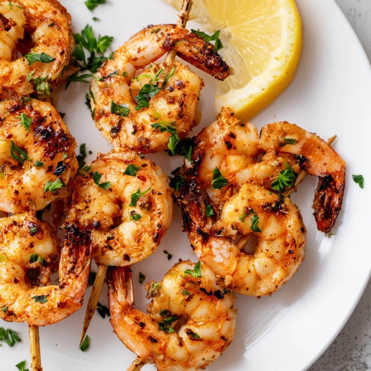 Golden-brown Spiced Grilled Shrimp Skewers with Lemon are beautifully charred on the grill and garnished with fresh parsley.
