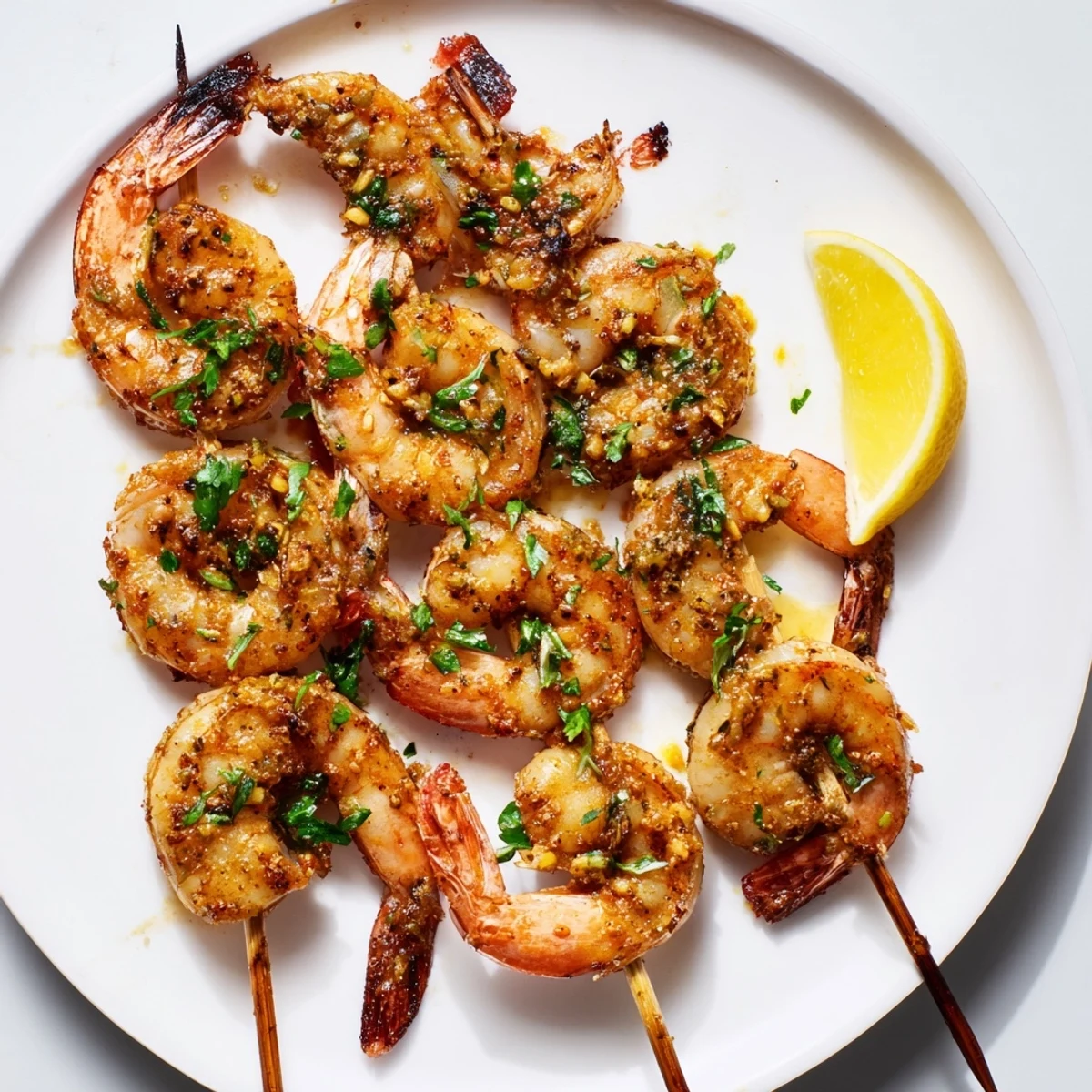 Tender shrimp marinated in paprika and cumin are served on skewers with bright lemon wedges.