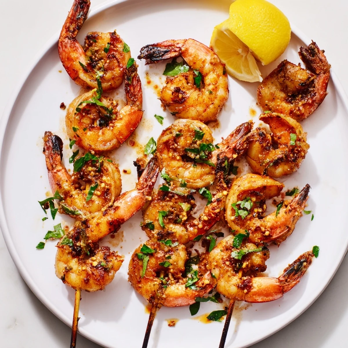 Close-up of juicy Spiced Grilled Shrimp Skewers with Lemon showing a vibrant pink color and citrus zest.