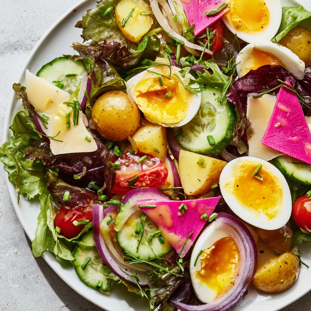 Freshly halved hard-boiled eggs rest on crisp greens, tomatoes, cucumber, and potatoes in this Irish Pub Salad with Hard Boiled Eggs.