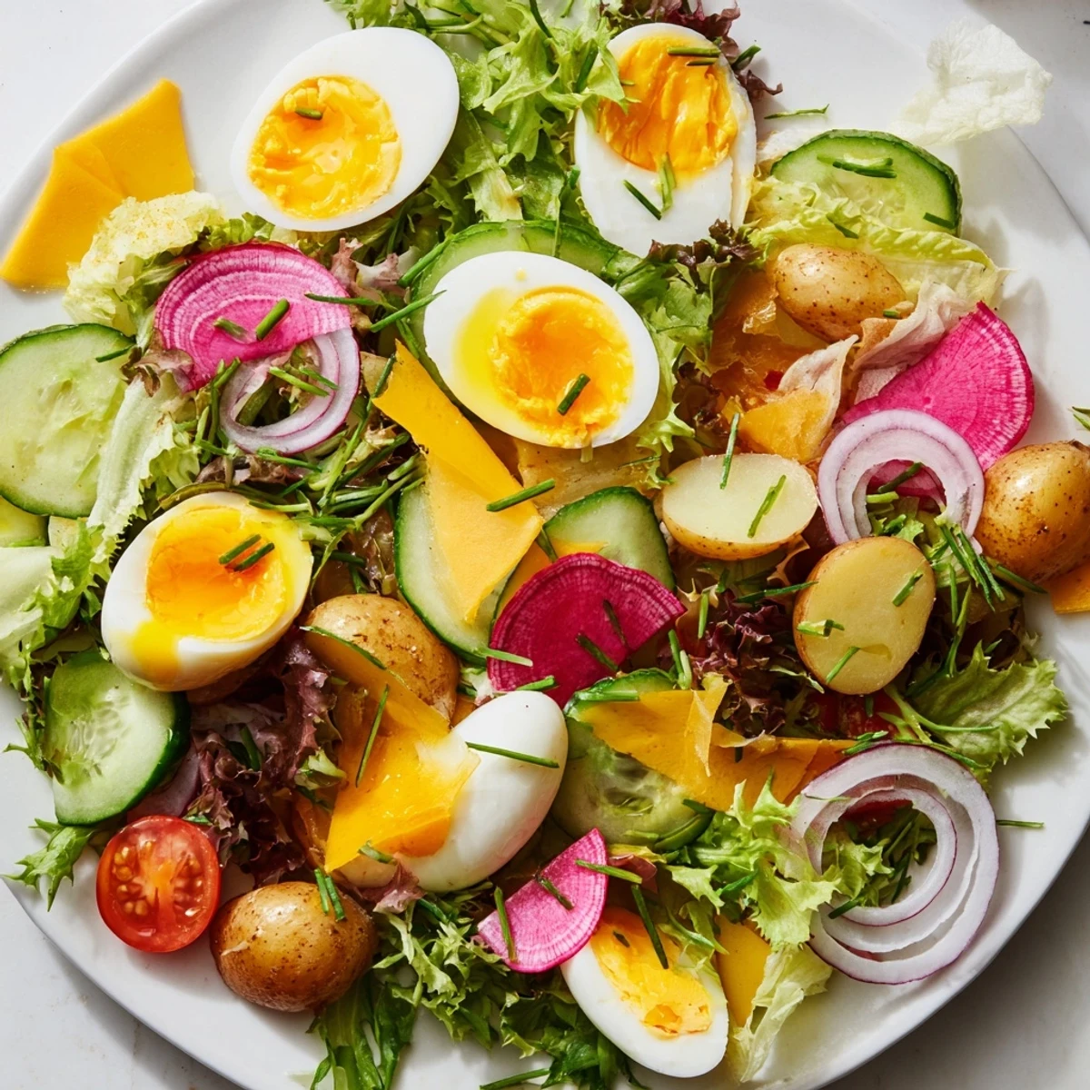 Colorful Irish Pub Salad with Hard Boiled Eggs features sharp cheddar cubes and pickled beets tossed in a tangy mustard vinaigrette.