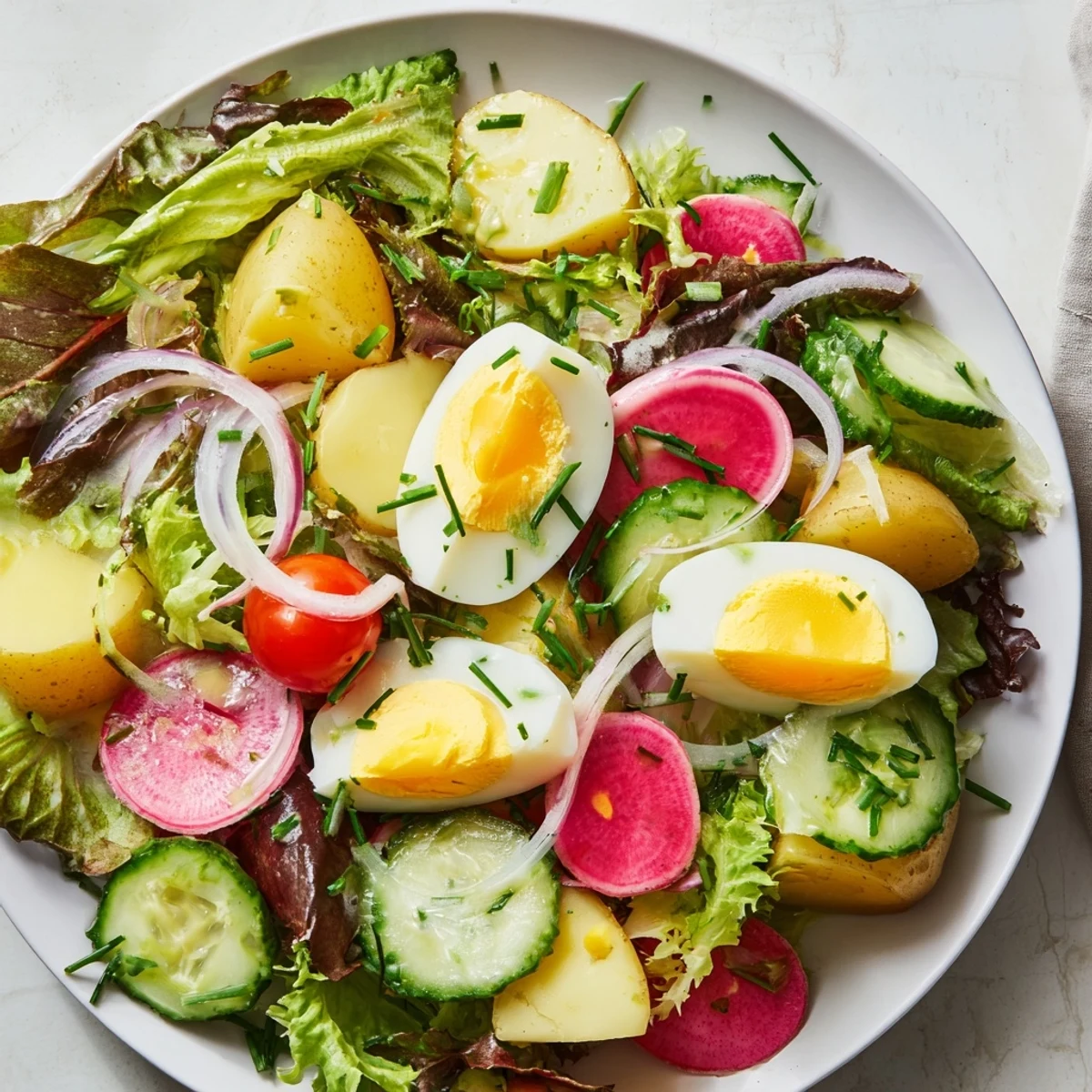 A hearty Irish Pub Salad with Hard Boiled Eggs garnished with fresh chives, served on a platter for a rustic pub-style meal.