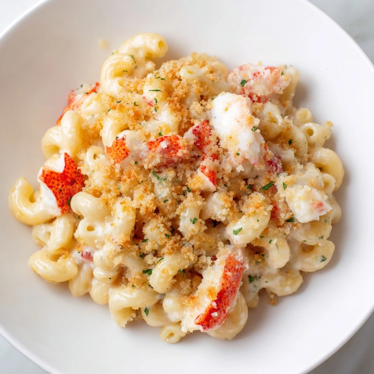Freshly baked Lobster Mac and Cheese with Truffle Oil, featuring tender lobster chunks in a rich cheese sauce.