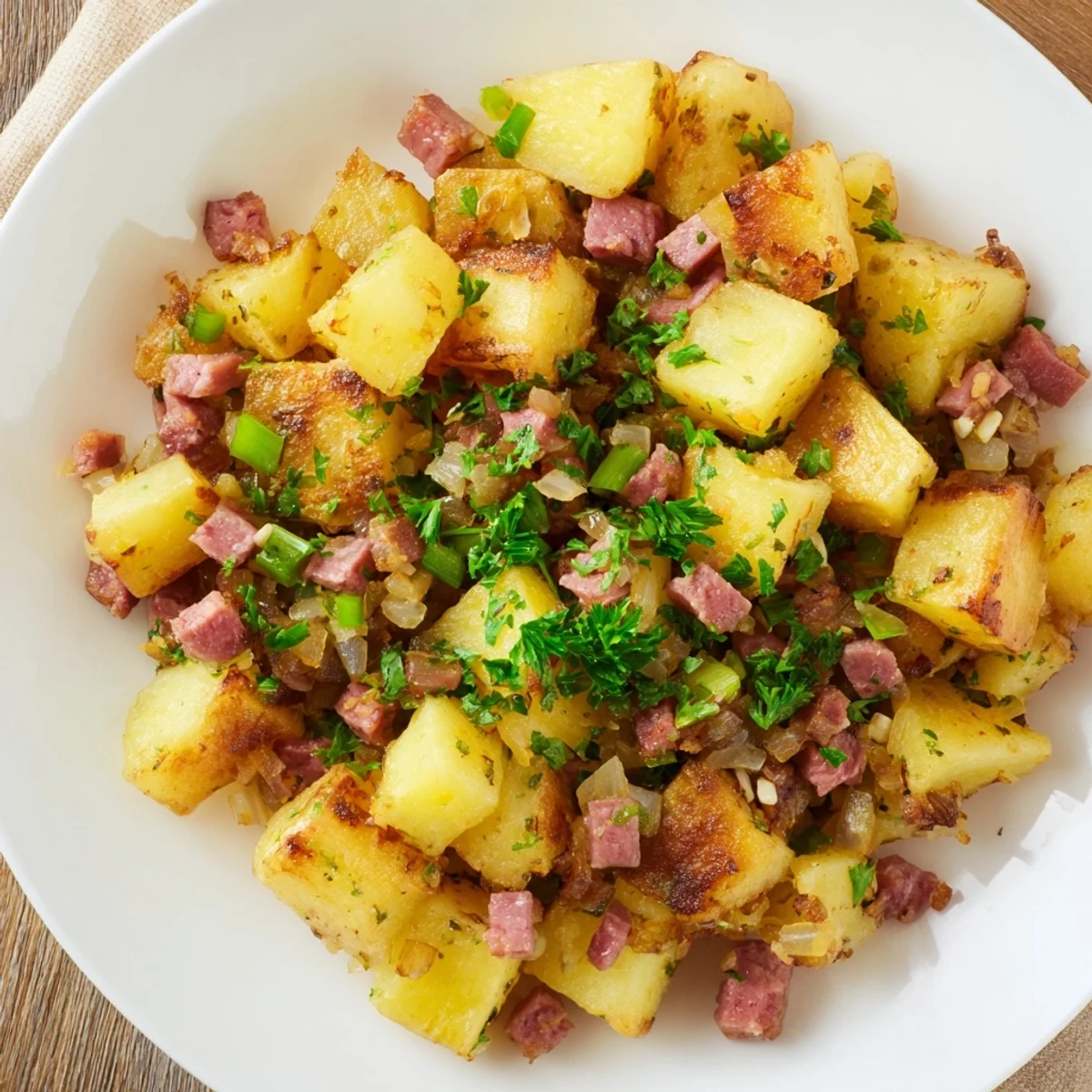 Golden crispy Corned Beef Hash with tender potatoes and sautéed peppers in a cast iron skillet, ready to serve with sunny-side-up eggs for a hearty American breakfast.