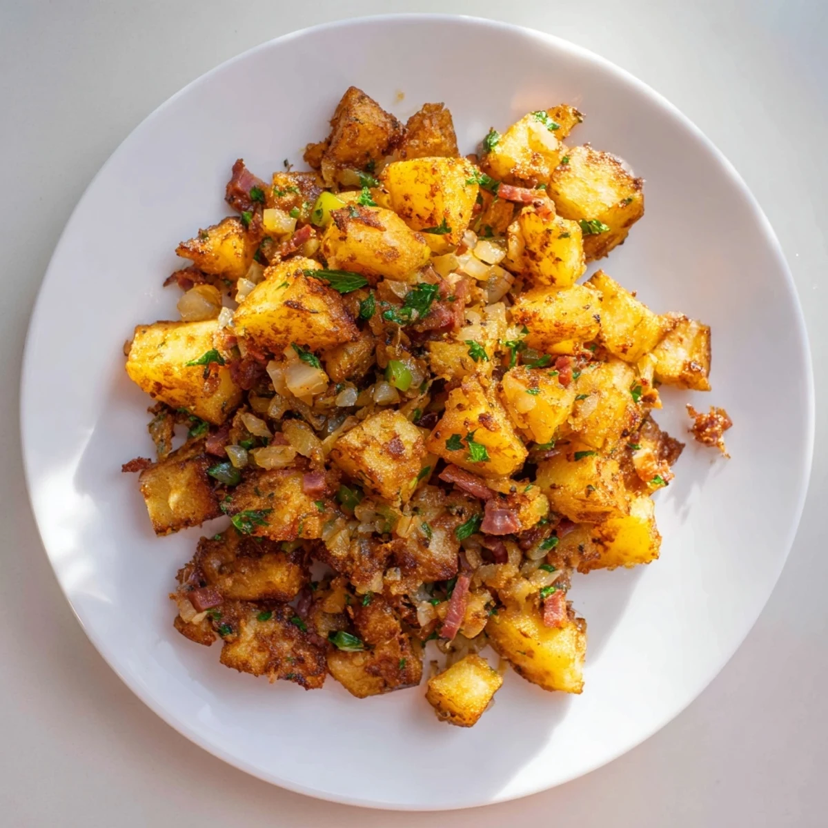 Savory Corned Beef Hash steaming from the skillet, featuring browned russet potatoes, diced corned beef, and fresh parsley, perfect for a classic St. Patrick's Day brunch.