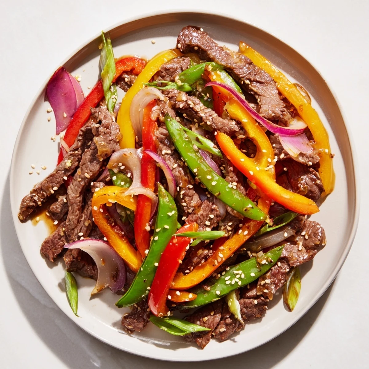 Sizzling Spicy Beef Stir Fry with Vegetables in a hot skillet, showcasing vibrant carrots, sugar snap peas, and red onion tossed in a bold, aromatic sauce.
