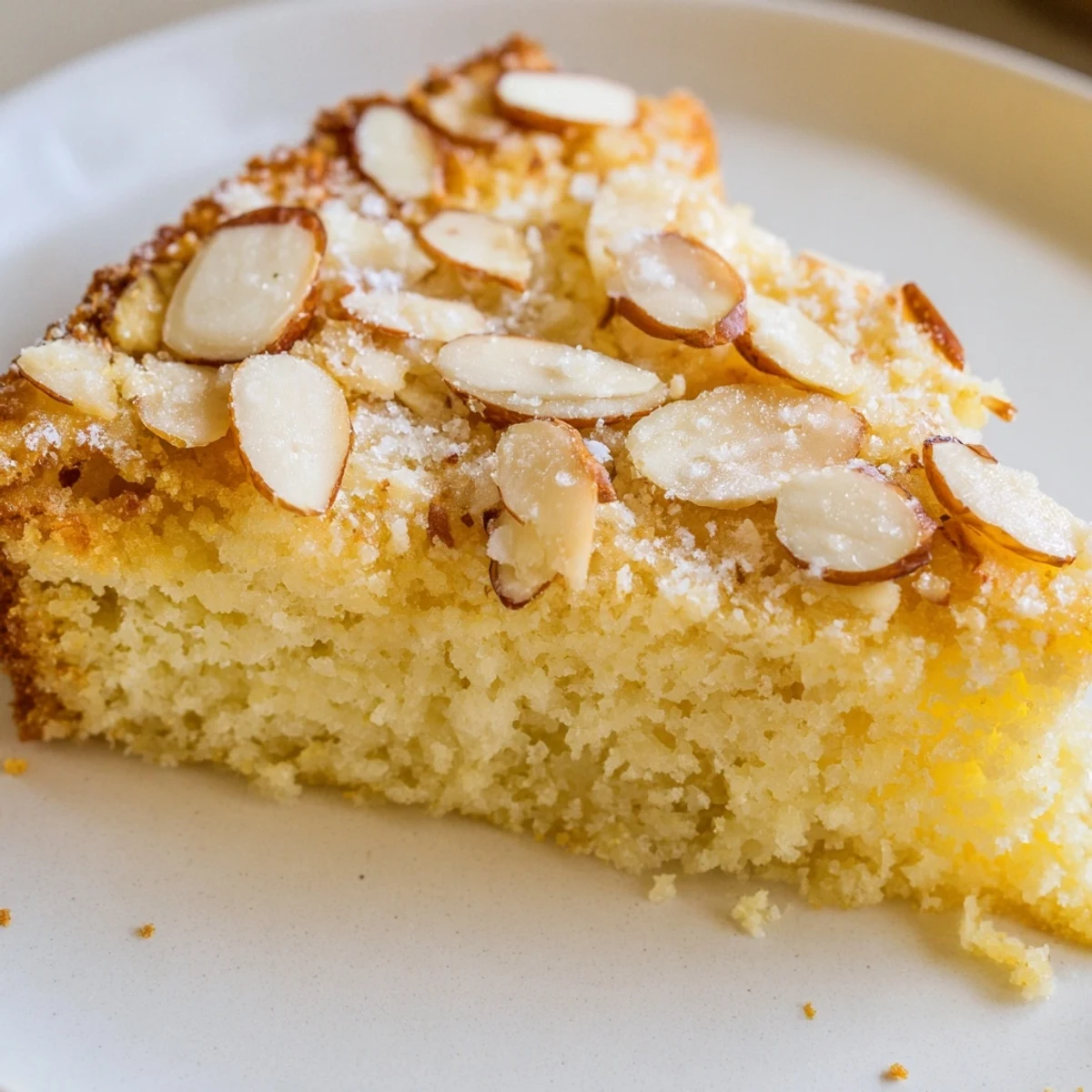 A rustic, springform pan holding a baked Lemon Ricotta Cake with Almonds, ready to be served warm to guests.