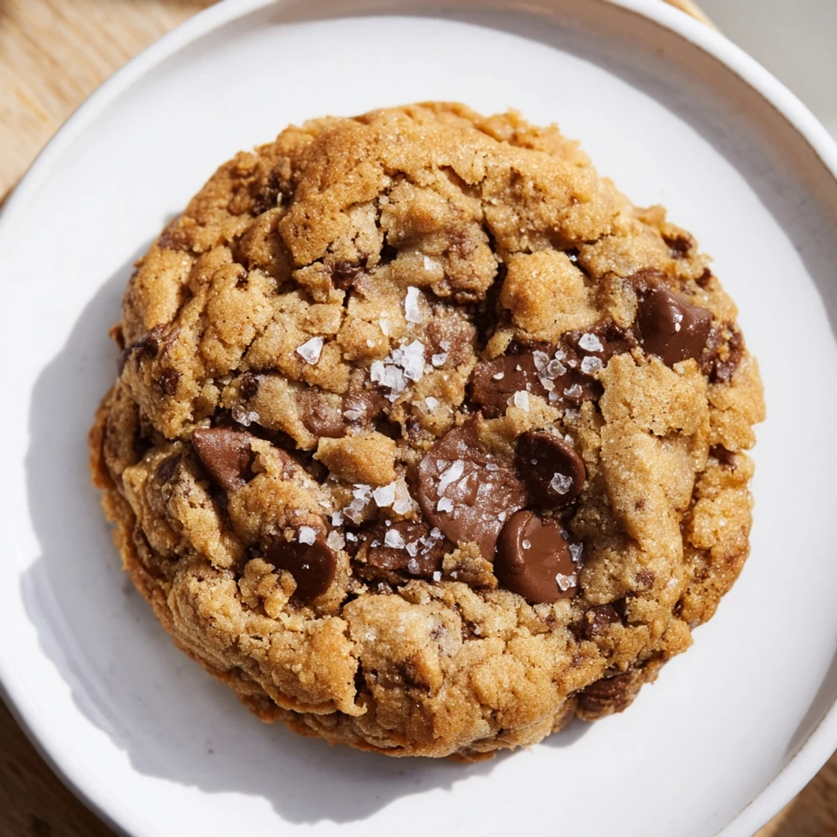 Close-up of freshly baked Chocolate Chip Cookies with Sea Salt, their golden edges and gooey centers glistening under a soft kitchen light.  
