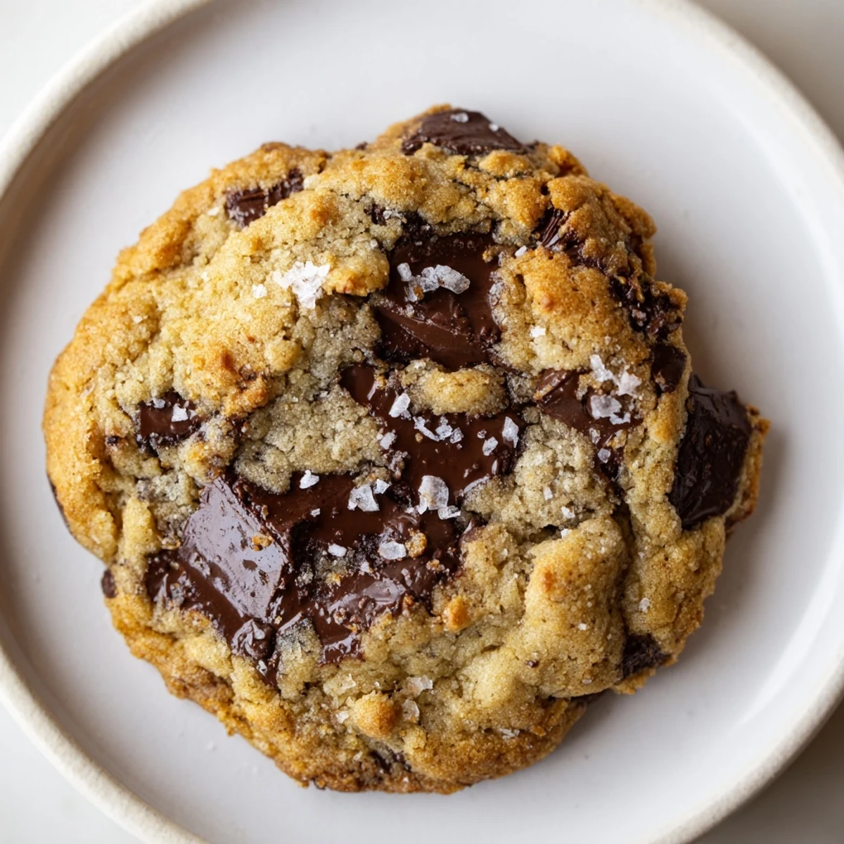A batch of warm Chocolate Chip Cookies with Sea Salt arranged on a cooling rack, revealing generous pockets of melted chocolate.  