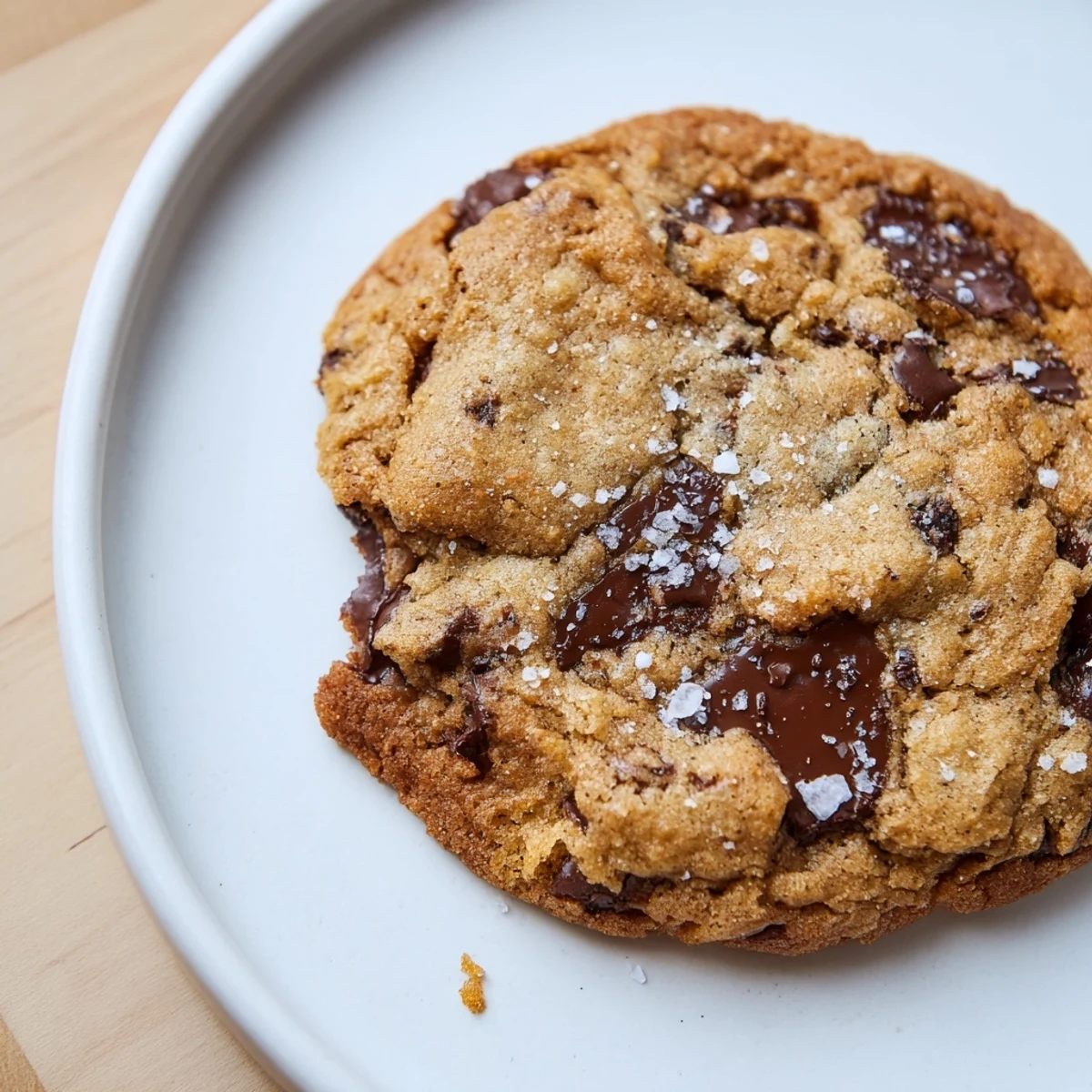Chocolate Chip Cookies with Sea Salt displayed on a rustic wooden board, flaky salt crystals sparkling on each golden-brown cookie.