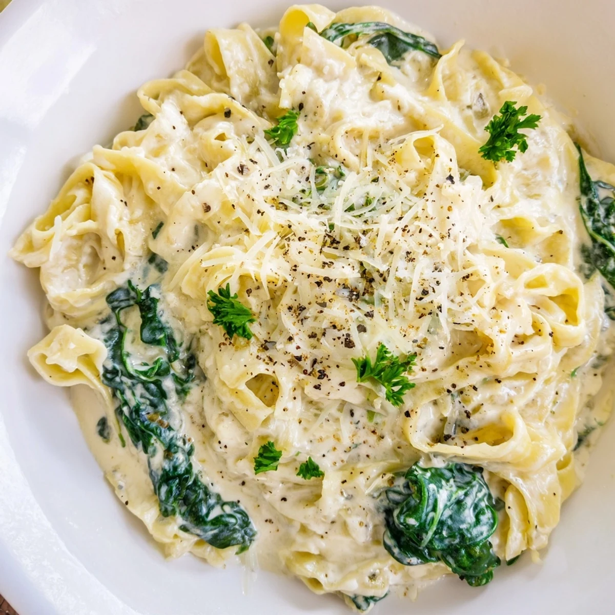Creamy Spinach Pasta with Garlic in a rich sauce, topped with Parmesan and fresh parsley for a comforting meal.