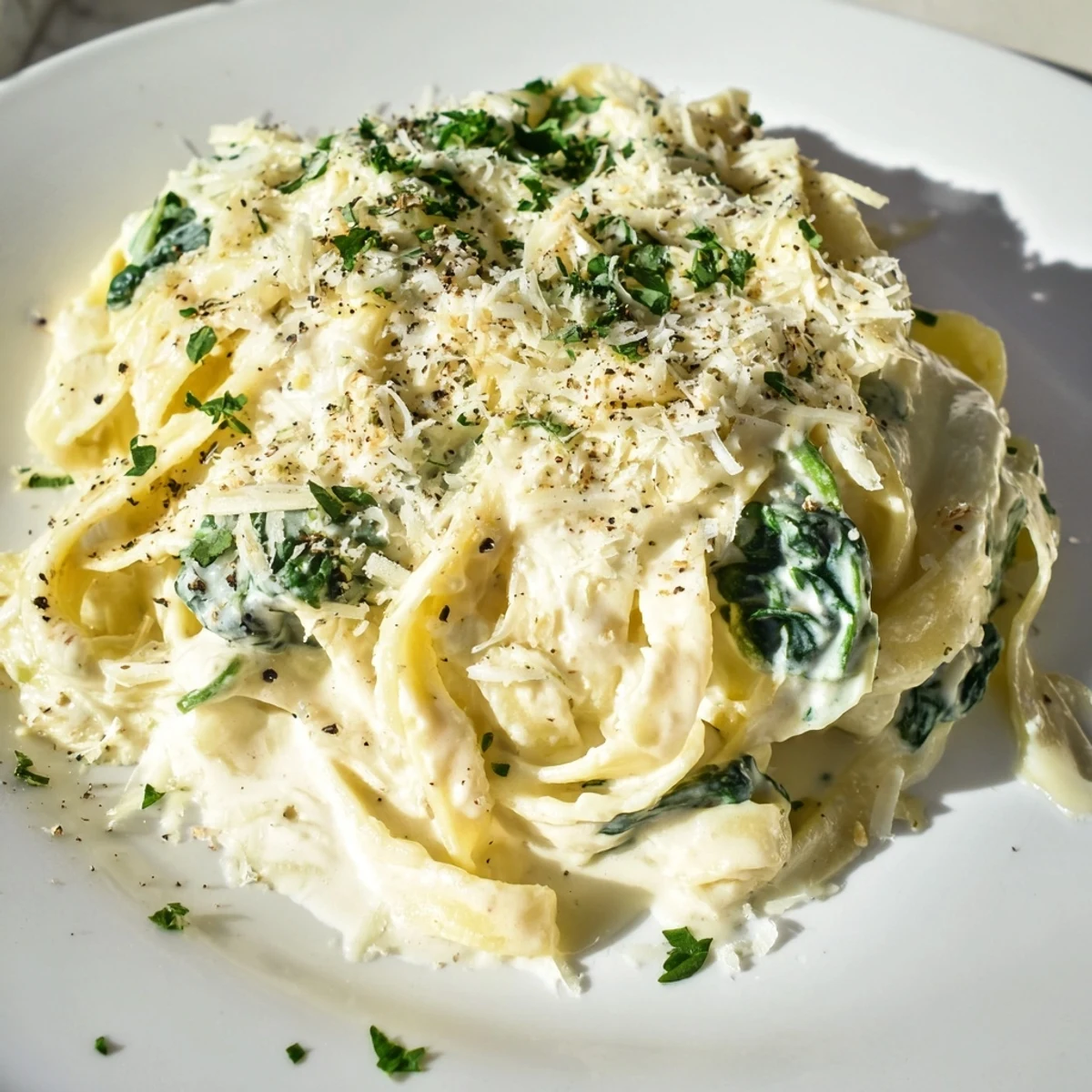 Steaming plate of Creamy Spinach Pasta with Garlic garnished with black pepper, showcasing a luscious, homemade Italian-inspired main dish.
