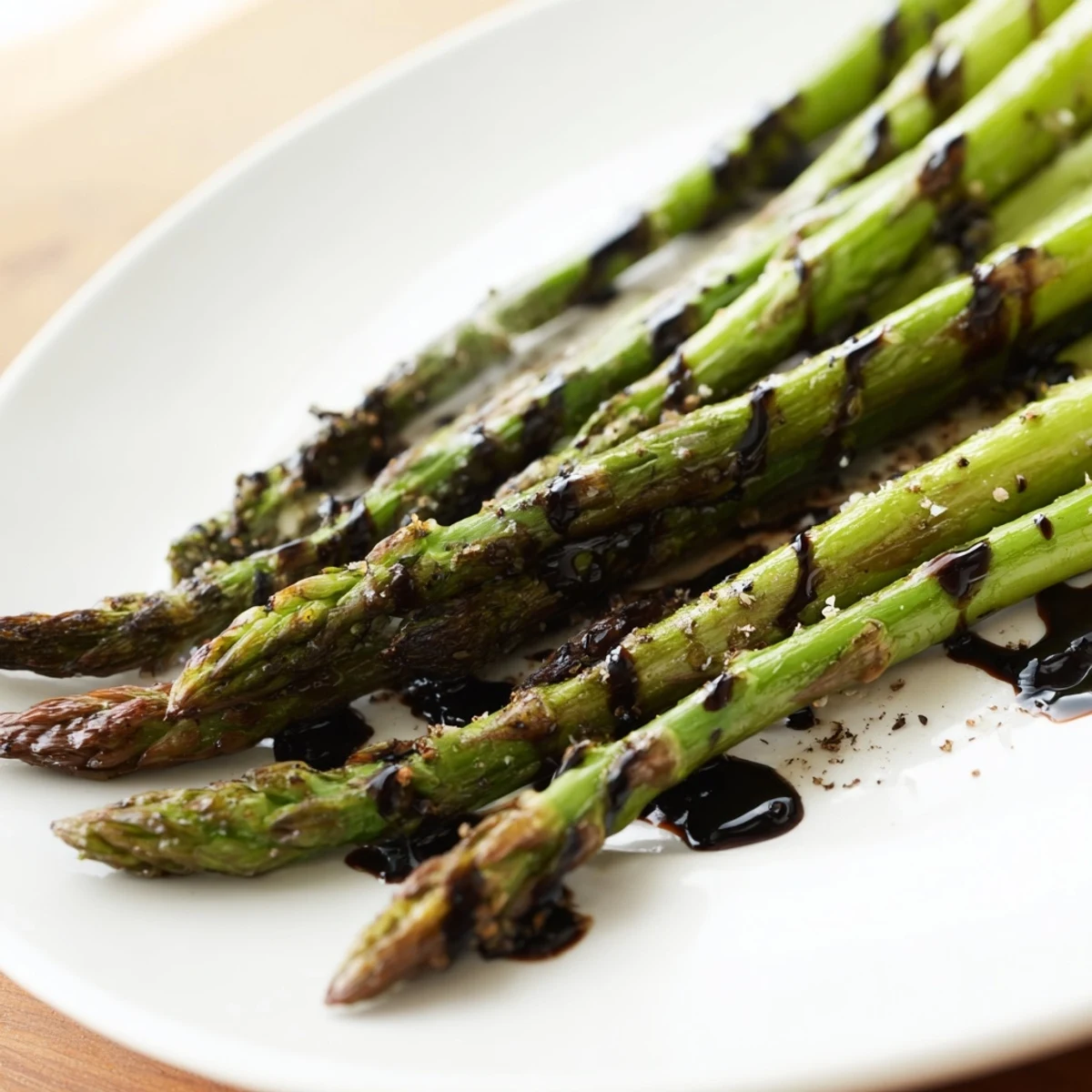 Tender roasted asparagus with balsamic glaze on a white platter, garnished with fresh herbs.