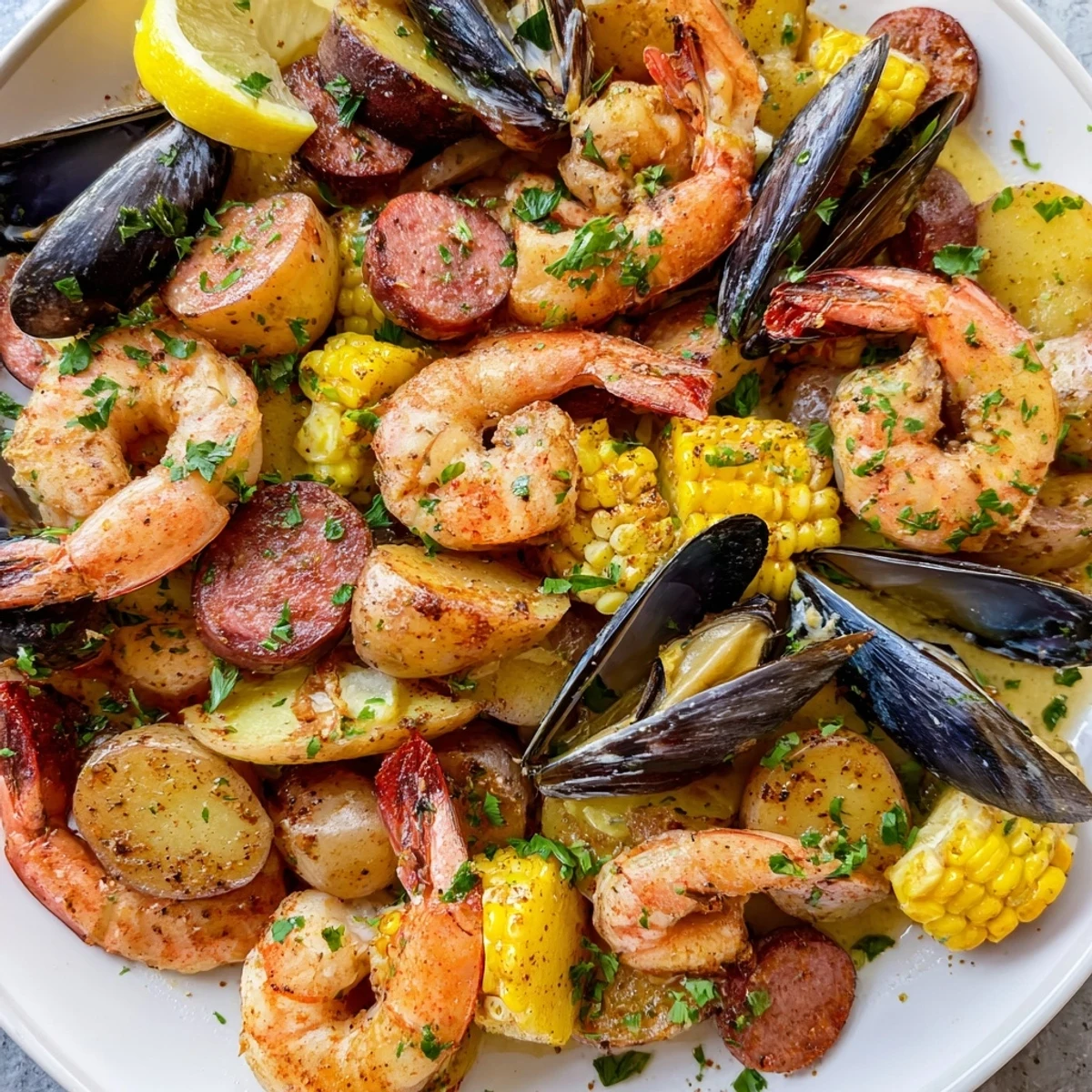 Steam rises from a rustic Cajun Seafood Boil featuring bright yellow corn, tender potatoes, and pink shrimp nestled with crab and sausage.  