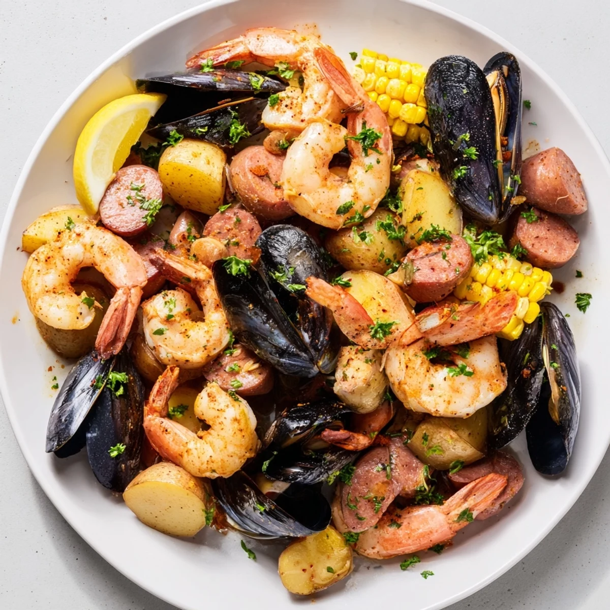A vibrant Cajun Seafood Boil with corn, shrimp, crab legs, and sausage piled on a tray, drizzled with melted butter and garnished with lemon wedges.  