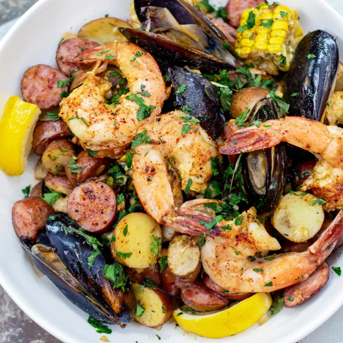 A hands-on Cajun Seafood Boil served on newspaper, brimming with corn, potatoes, crab legs, shrimp, andouille sausage, and fresh lemon wedges.