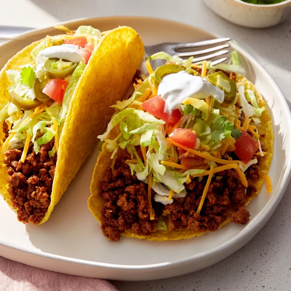 Freshly baked hard shell tacos filled with seasoned ground beef, topped with shredded lettuce, diced tomatoes, and melted cheddar cheese.