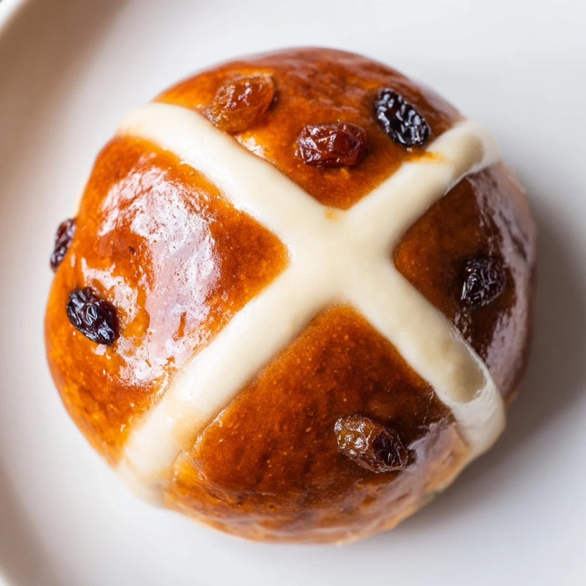 Golden-brown Easter Hot Cross Buns fresh from the oven, glistening with apricot glaze and ready to serve.  