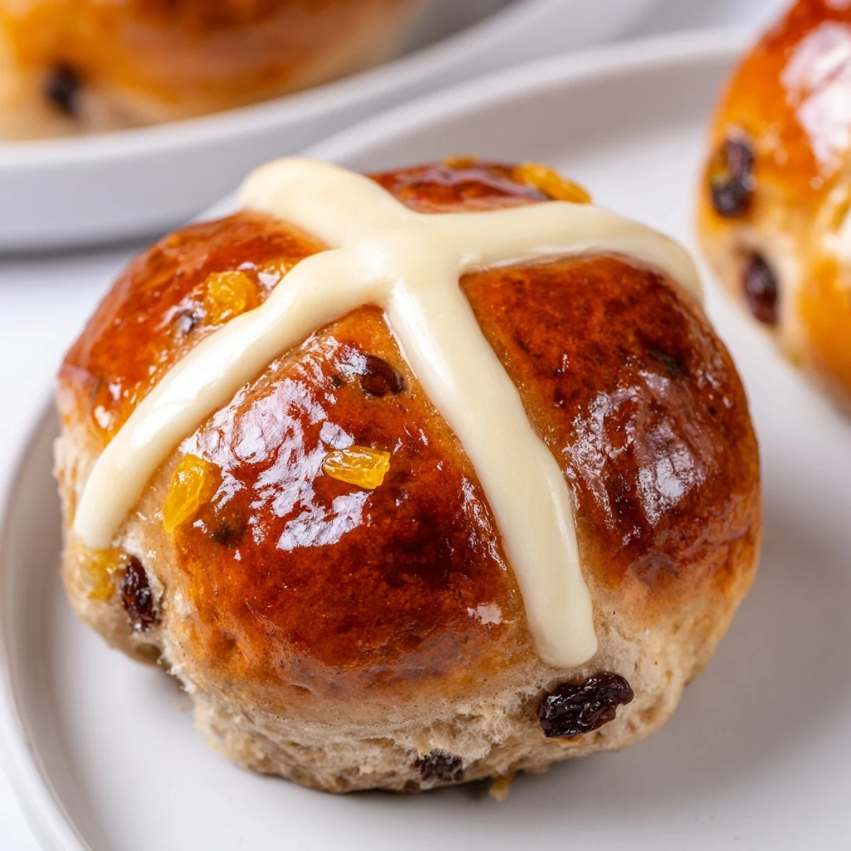 Warm Easter Hot Cross Buns on a cooling rack, perfect for a festive Easter breakfast or snack.