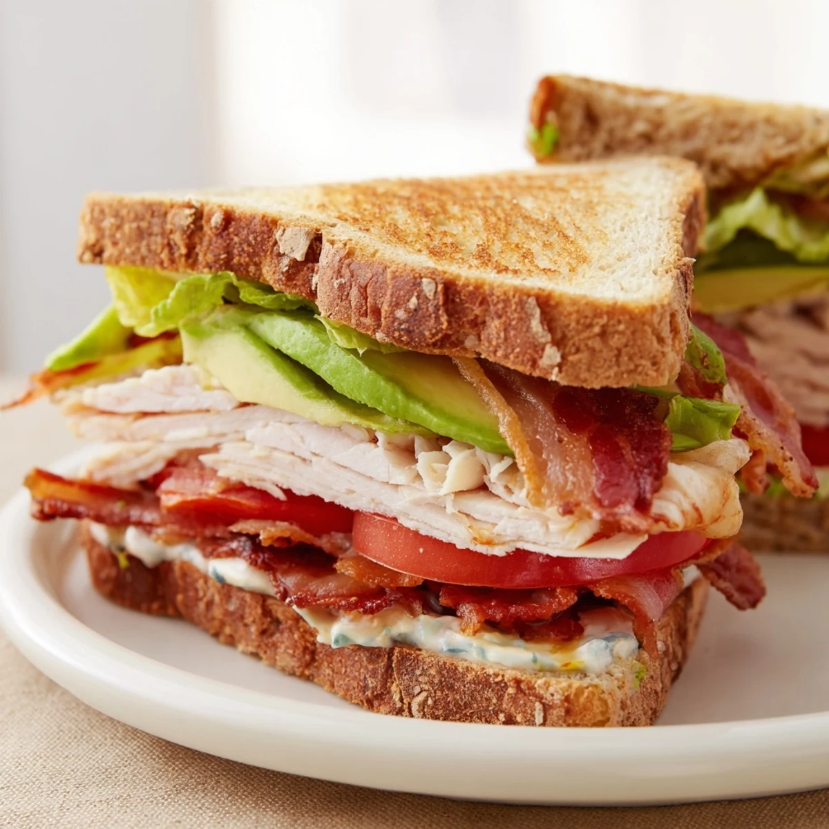 A close-up of the Turkey Club Sandwich with Turkey Bacon showing crispy bacon and layered turkey on toasted bread.