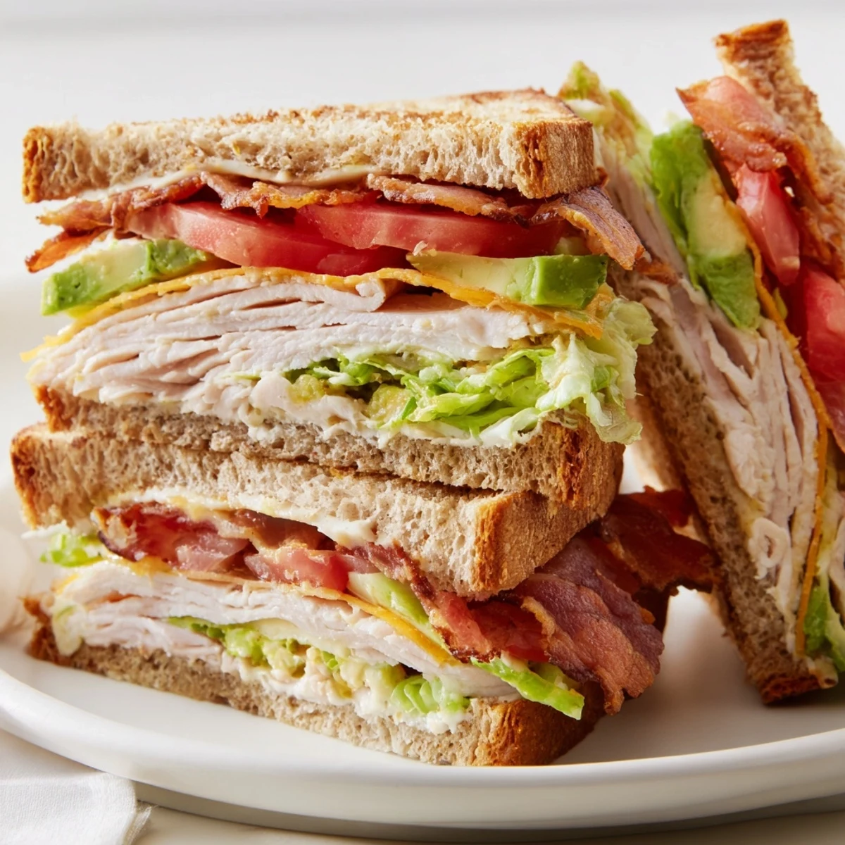 Golden toasted slices cradle turkey bacon and melted cheese in this Turkey Club Sandwich with Turkey Bacon, perfect for lunch.