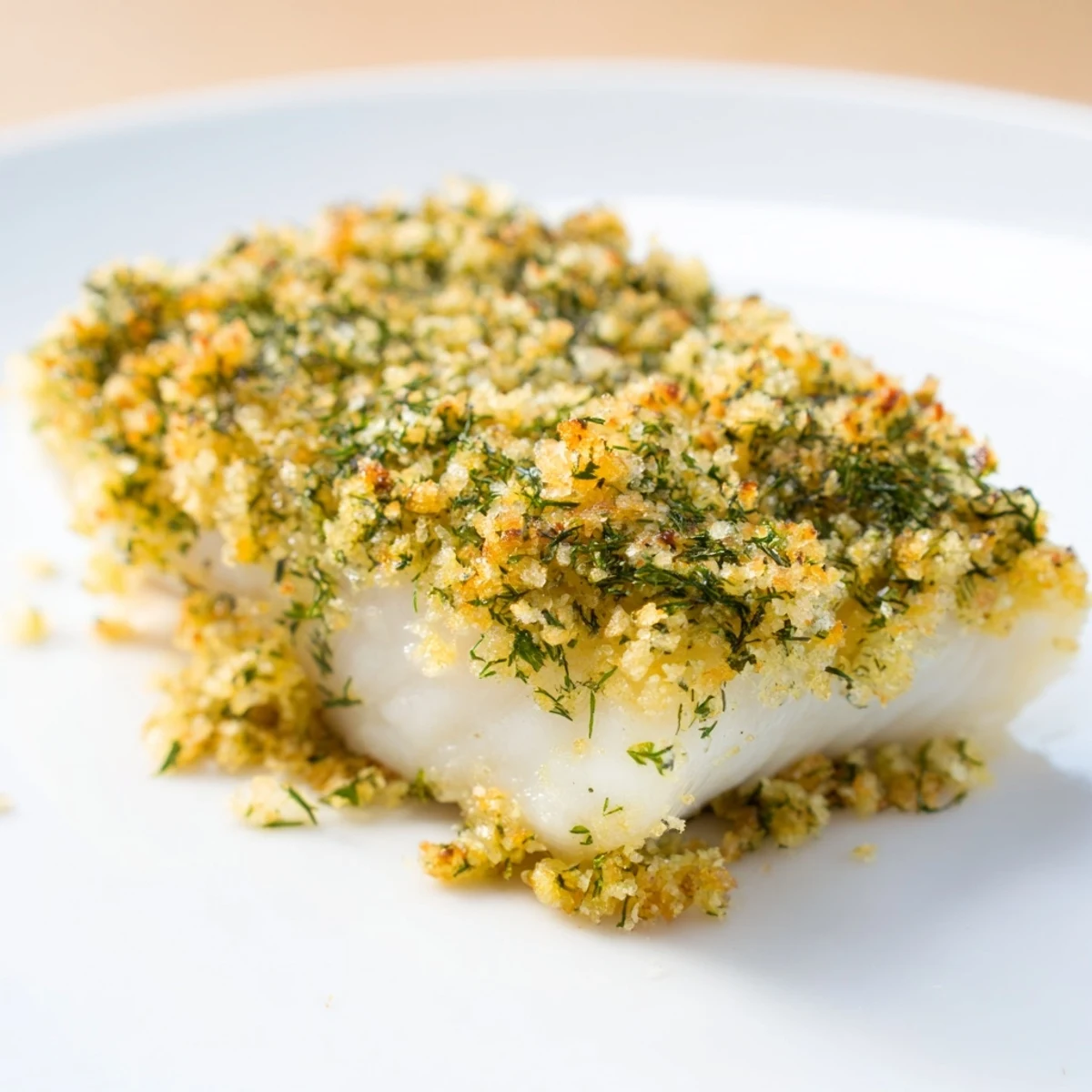 Golden-brown Baked Hake with Lemon and Herb Crust fillets on a baking tray, releasing aromatic steam beside bright lemon wedges.