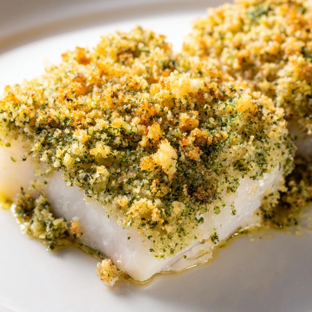 Savory Baked Hake with Lemon and Herb Crust served on a white plate with roasted potatoes and fresh green beans.