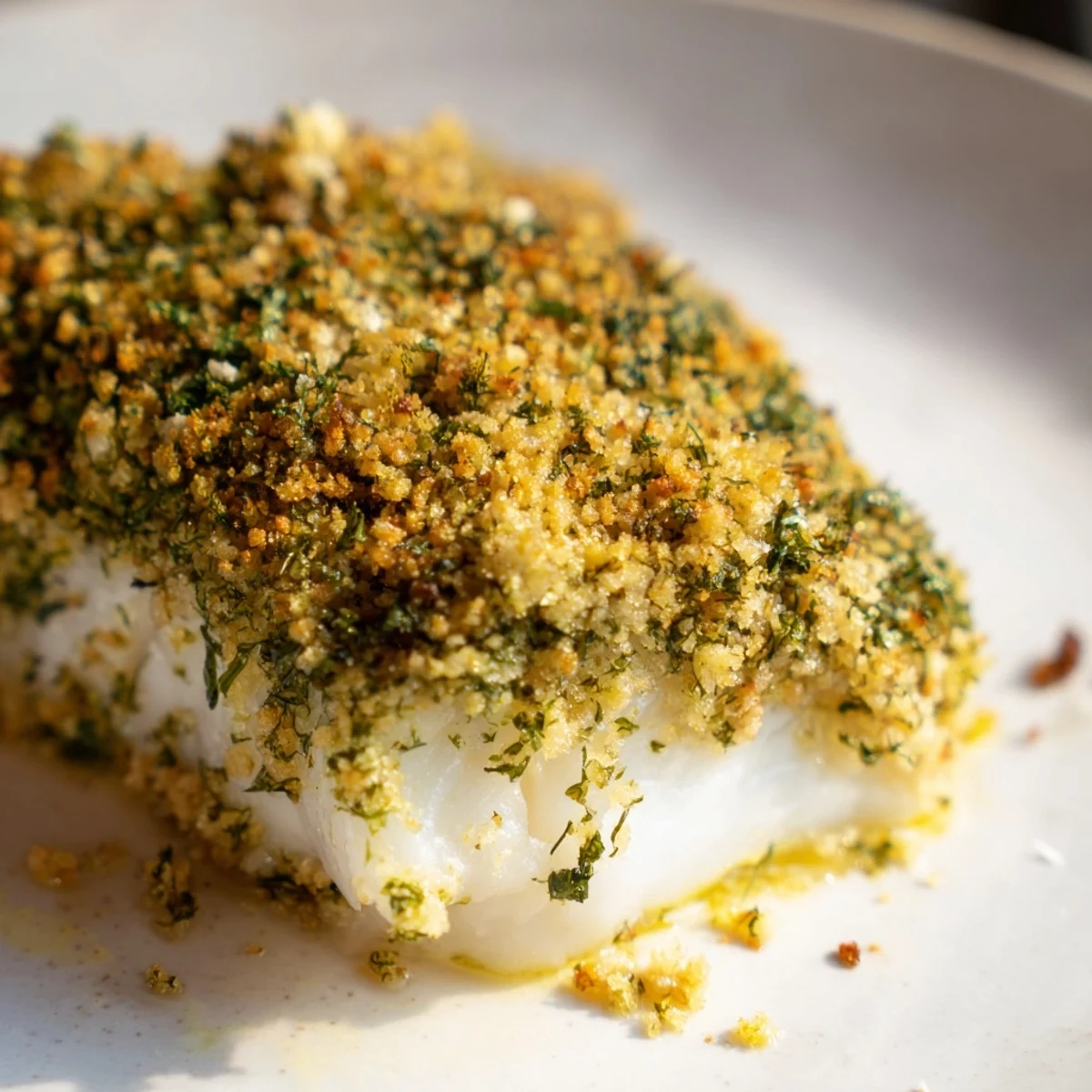 Close-up of Baked Hake with Lemon and Herb Crust showing flaky fish and crispy, herb-flecked topping under soft lighting.