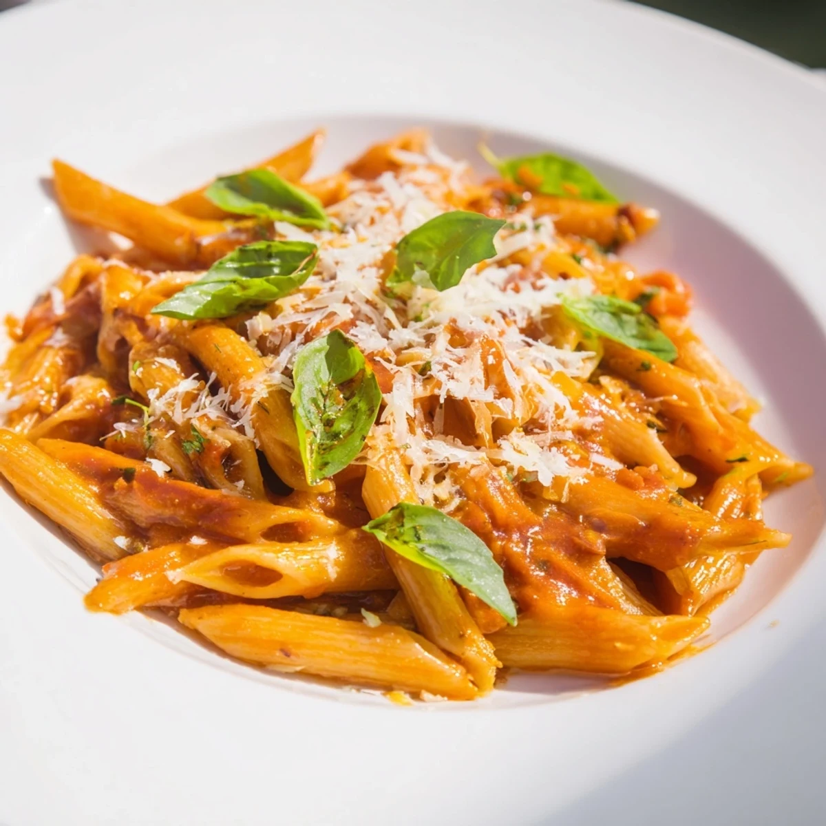 Steaming Creamy Tomato Pasta with Fresh Basil served in a white bowl with extra Parmesan and torn basil leaves.