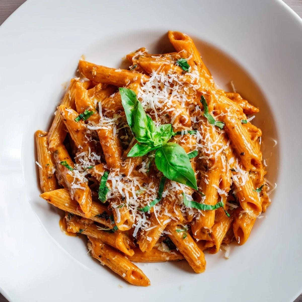 Overhead view of Creamy Tomato Pasta with Fresh Basil on a rustic table, garnished with basil and grated Parmesan.