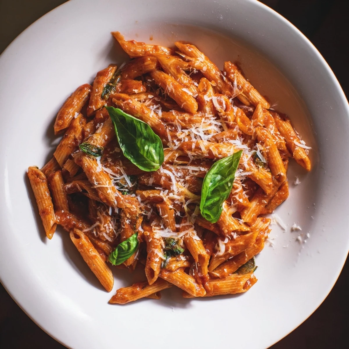A close-up of Creamy Tomato Pasta with Fresh Basil twirled on a fork, showing the rich red sauce and fresh herbs.