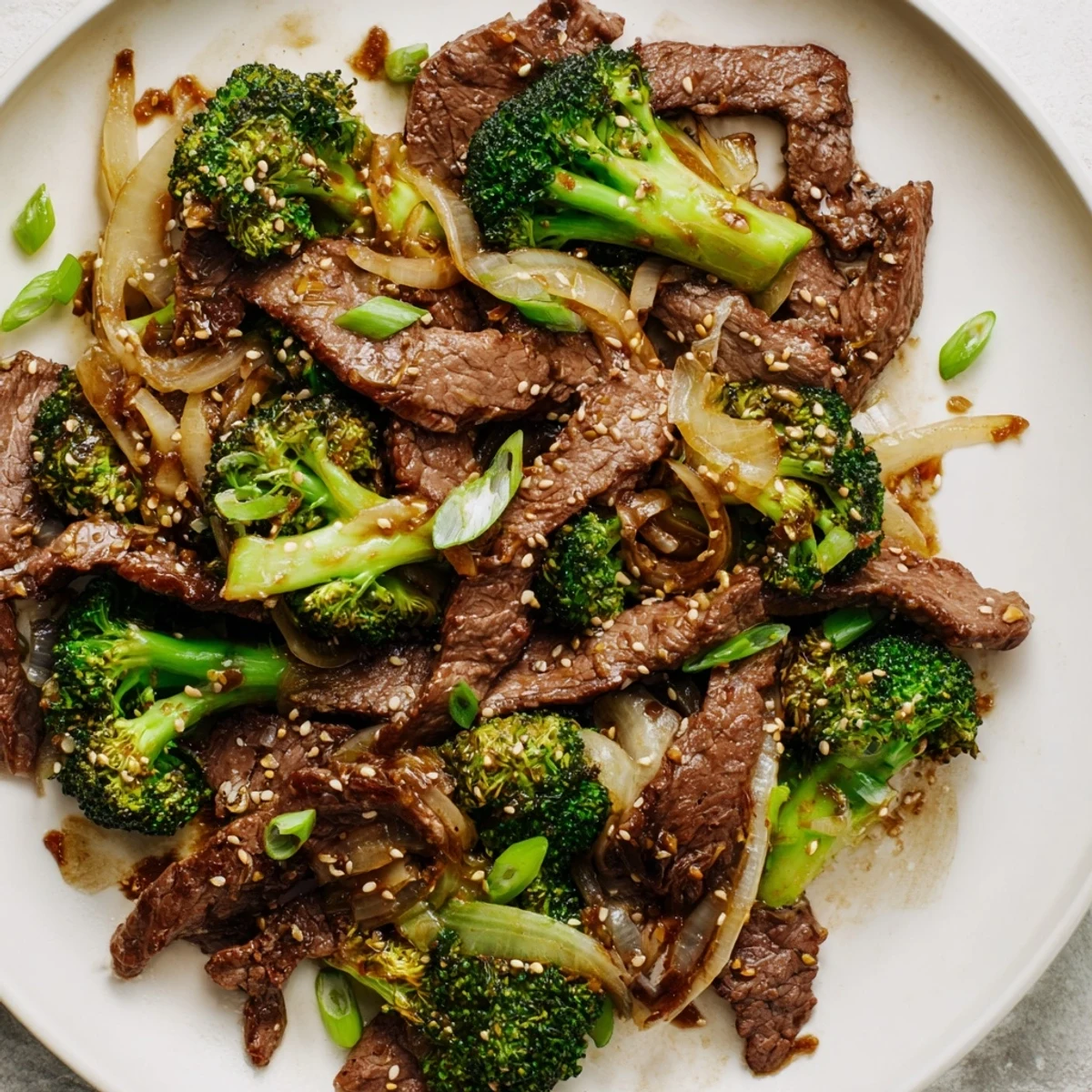 A steaming plate of Beef and Broccoli Stir Fry with Garlic Sauce served over fluffy white rice, garnished with sesame seeds and scallions.