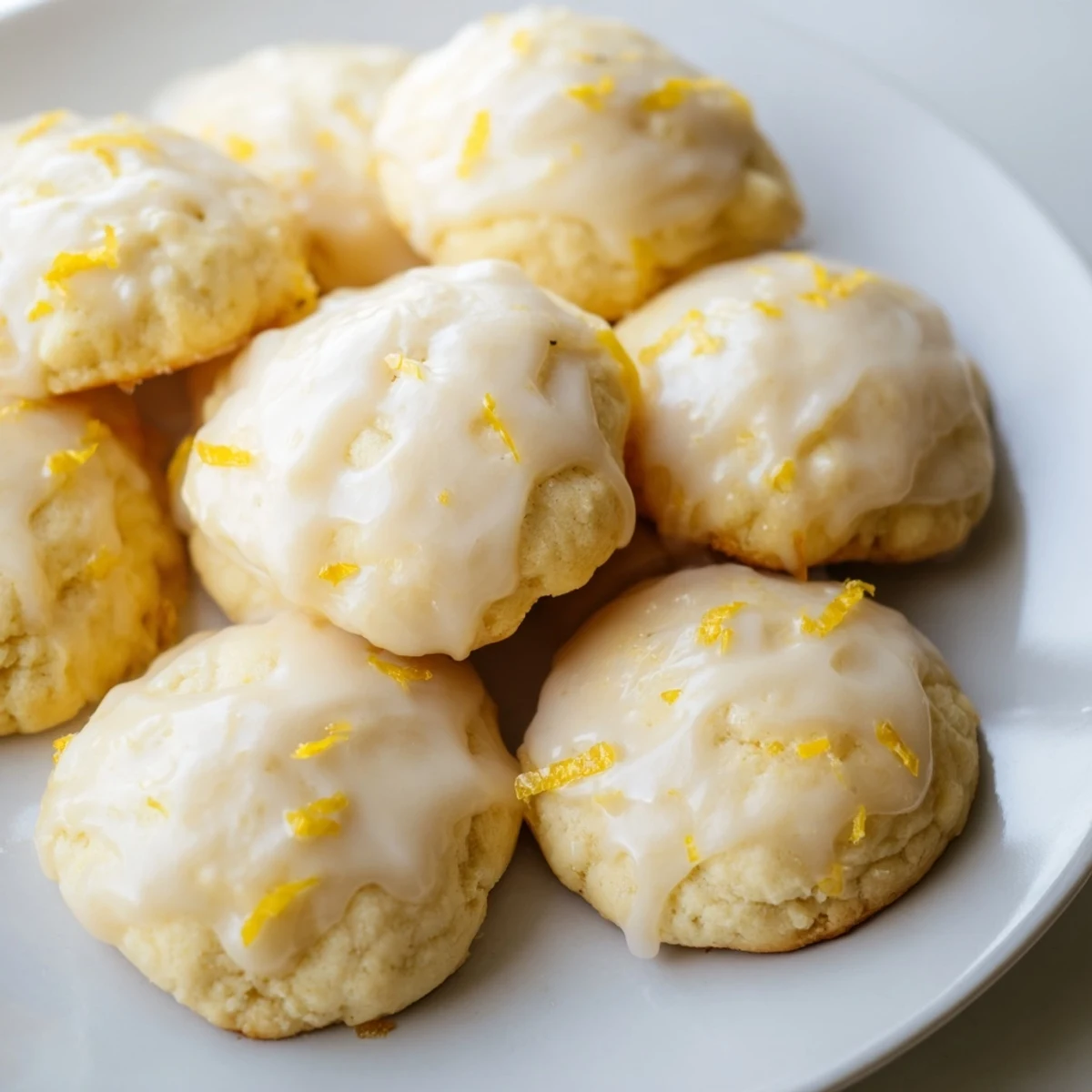 Fresh-baked Lemon Ricotta Cookies with Glaze on a rustic table, ideal for a spring dessert plate with tea.