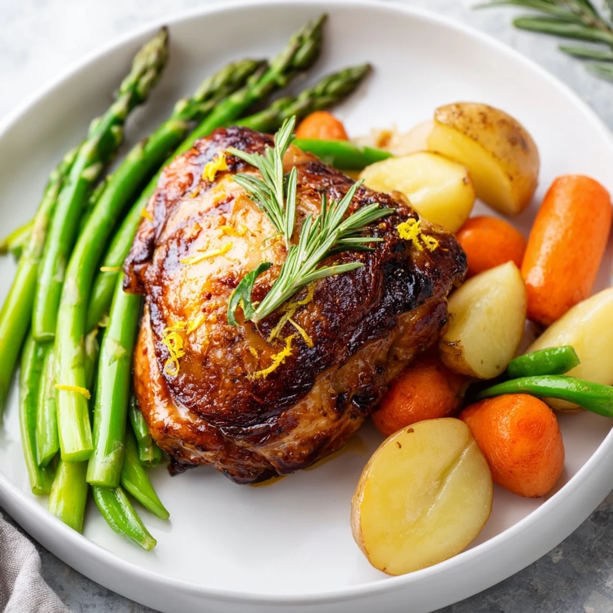 Golden-brown roasted chicken with spring vegetables like asparagus and baby potatoes, garnished with fresh thyme on a rustic wooden table.