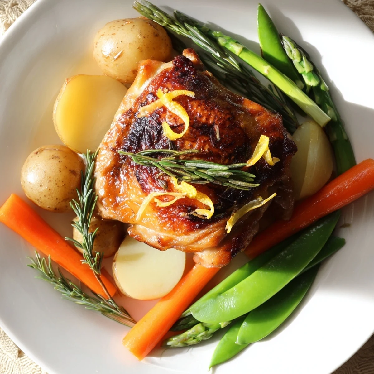 A beautifully plated serving of roasted chicken with spring vegetables, featuring vibrant green snap peas and tender carrots alongside the juicy meat.