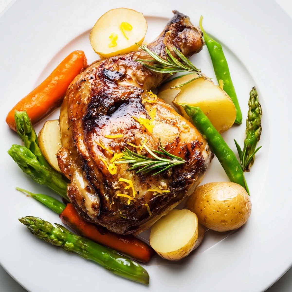 Succulent roasted chicken surrounded by roasted spring vegetables, including potatoes and asparagus, served on a large platter for a family-style meal.