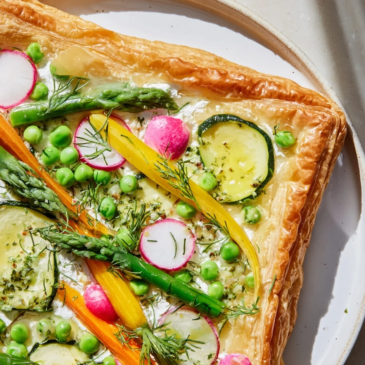 A close-up of a freshly baked Spring Vegetable Tart with Puff Pastry, showcasing crisp asparagus and tender zucchini on a golden, flaky crust.