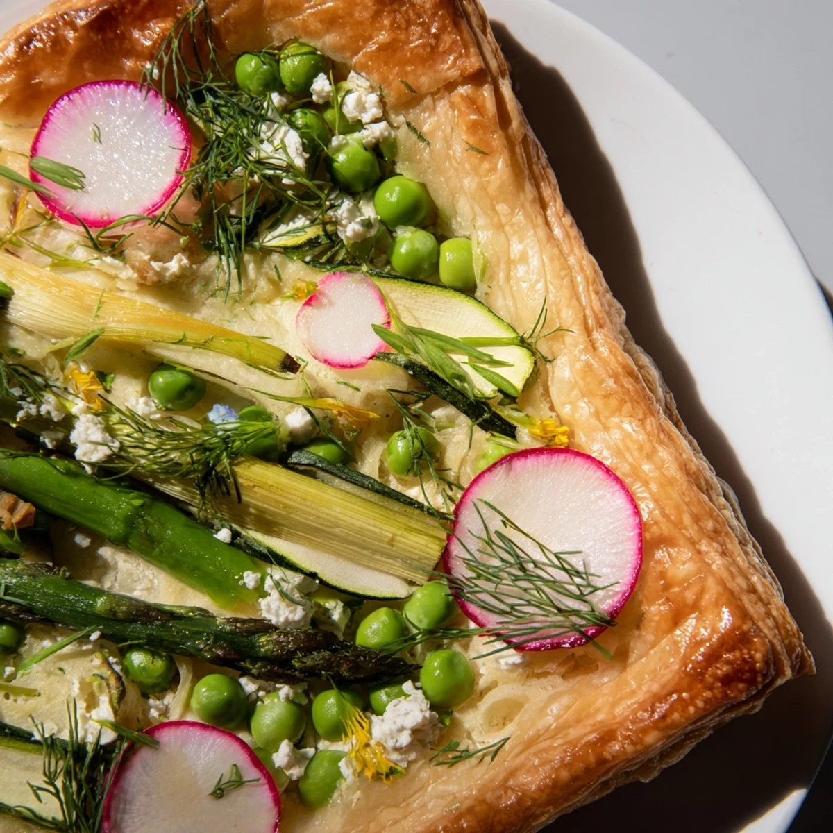 Freshly sliced pieces of Spring Vegetable Tart with Puff Pastry reveal a creamy ricotta filling and colorful vegetables, served warm for a delightful brunch.