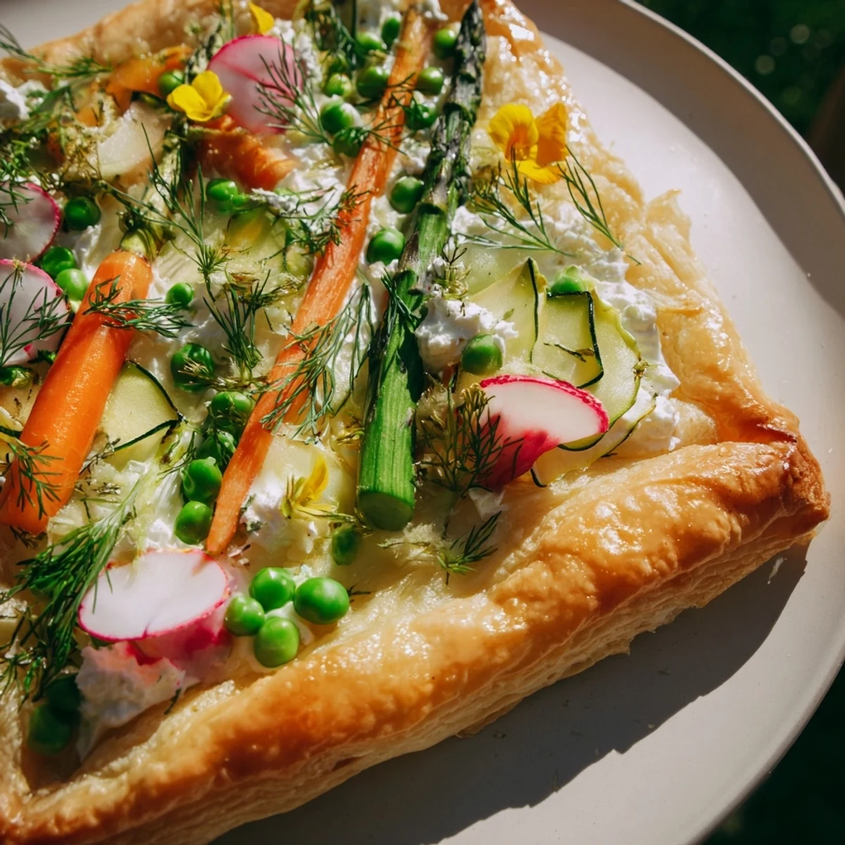 Spring Vegetable Tart with Puff Pastry sits on a rustic wooden board, topped with vibrant peas, radishes, and fresh herbs for a light lunch.