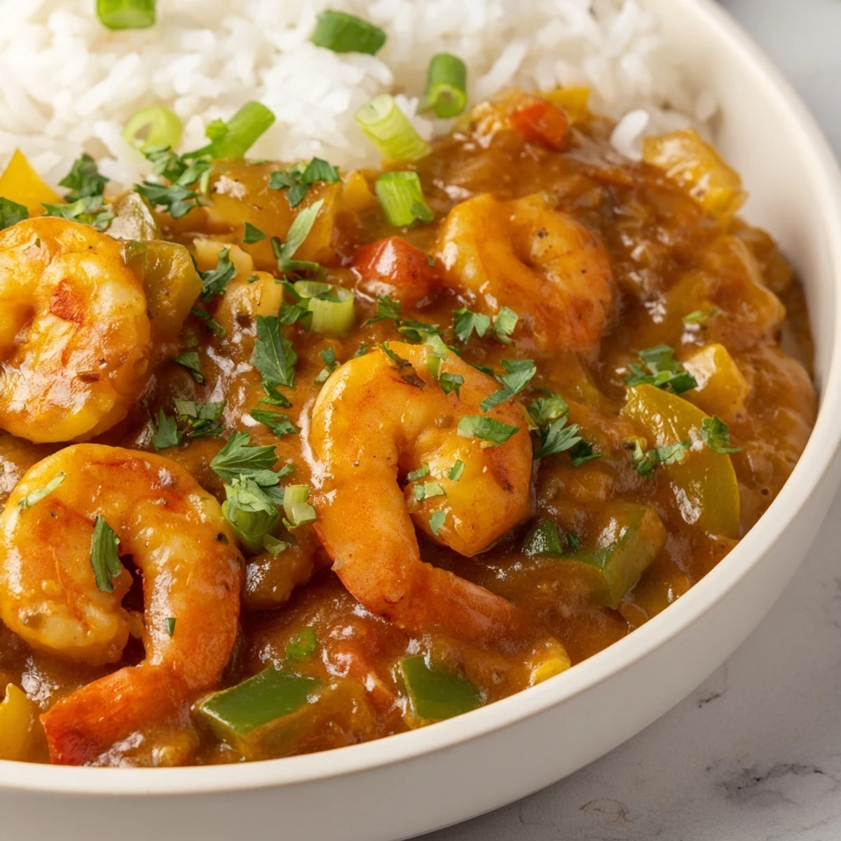 The Mardi Gras Shrimp Étouffée features pink shrimp nestled in a rich, spiced roux served over fluffy white rice.