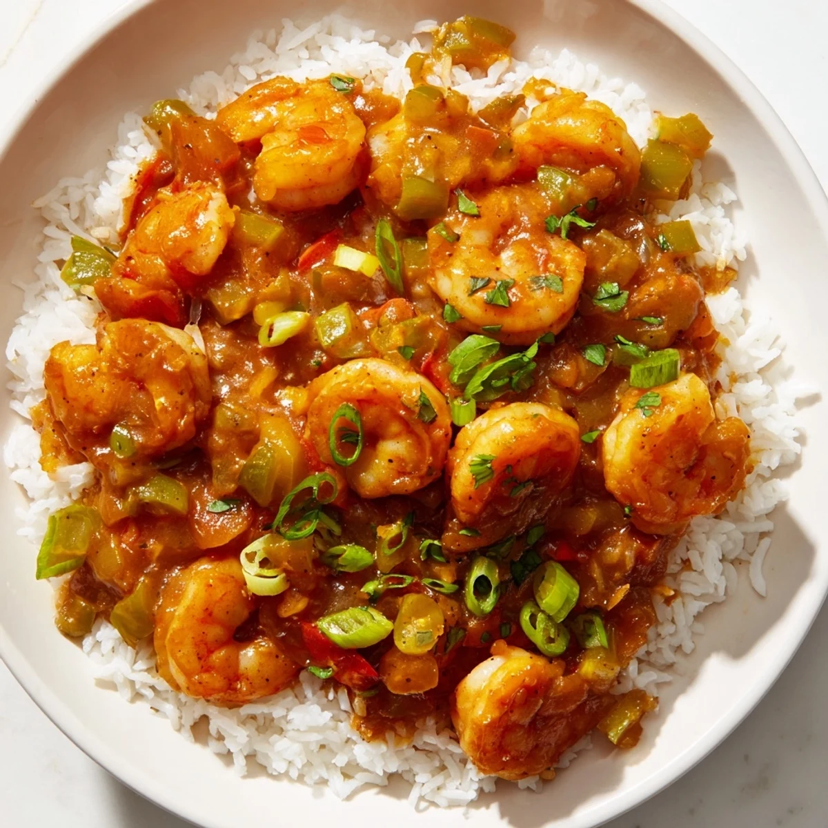 A close up view of Mardi Gras Shrimp Étouffée simmering in a cast iron skillet with crusty French bread on the side.