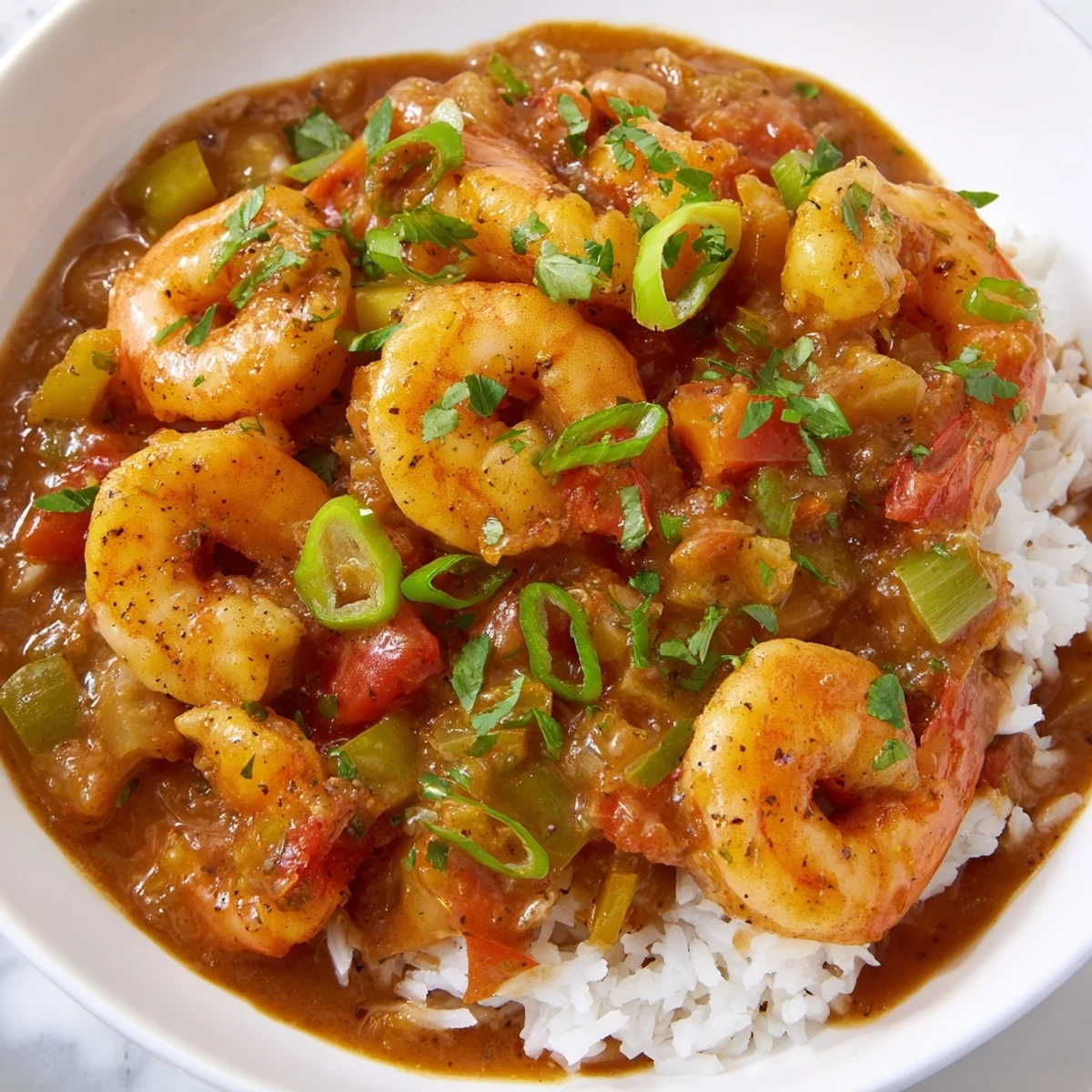 Homemade Mardi Gras Shrimp Étouffée garnished with fresh parsley and green onions, ready to be served for a festive dinner.