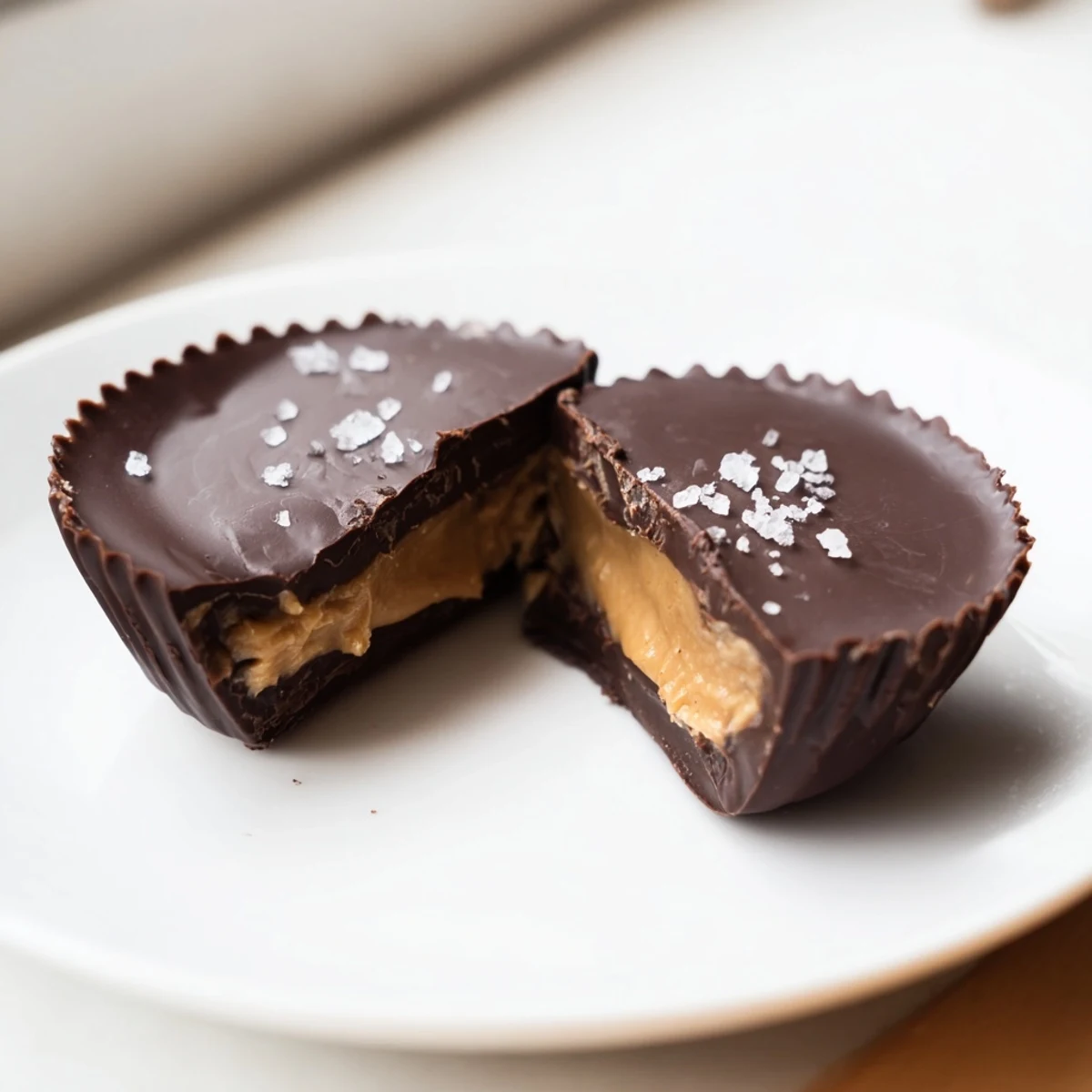 Twelve mini Chocolate Peanut Butter Cups with dark chocolate shells and creamy peanut butter filling on a plate.