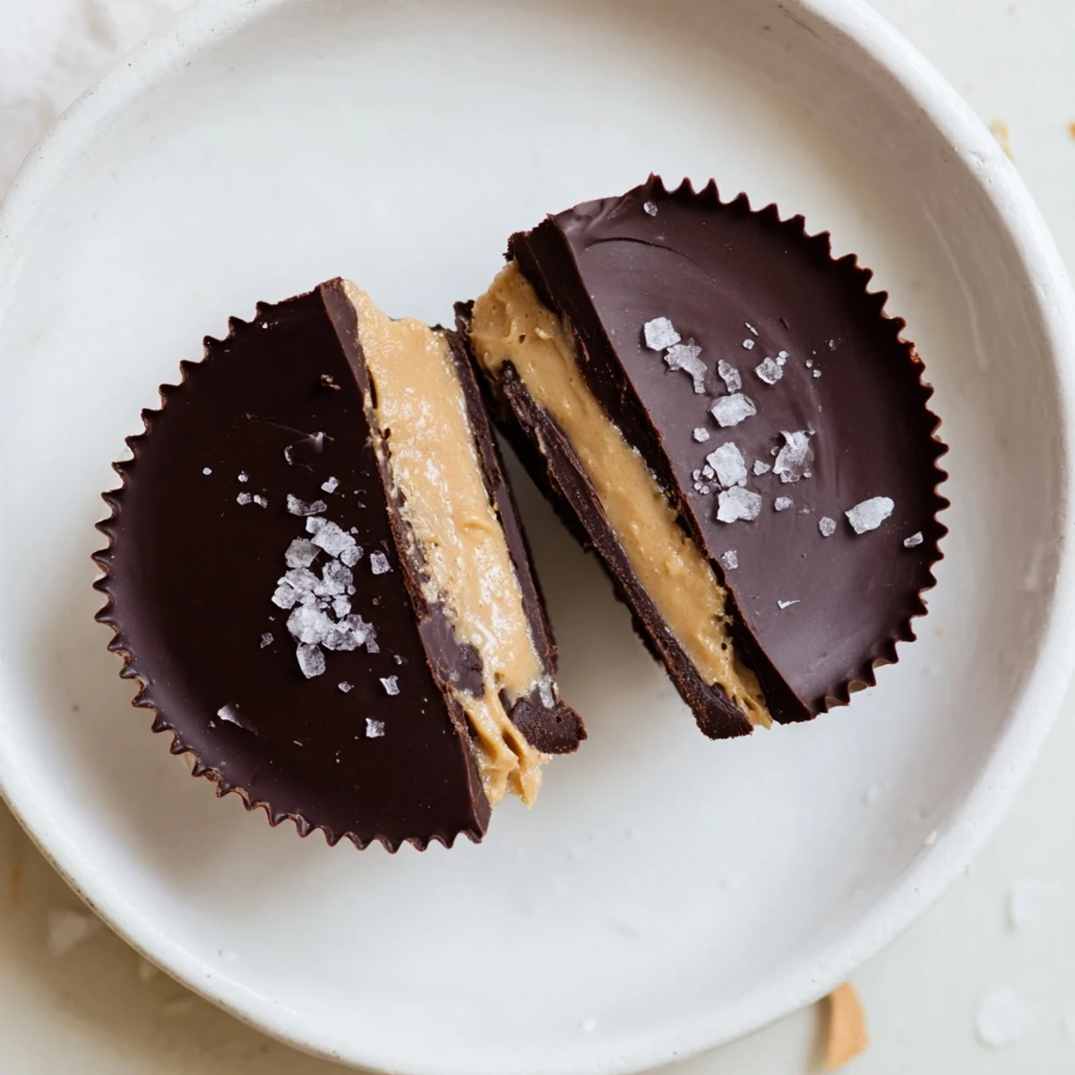 Close-up view of a halved Chocolate Peanut Butter Cup revealing the smooth peanut butter center and rich chocolate.