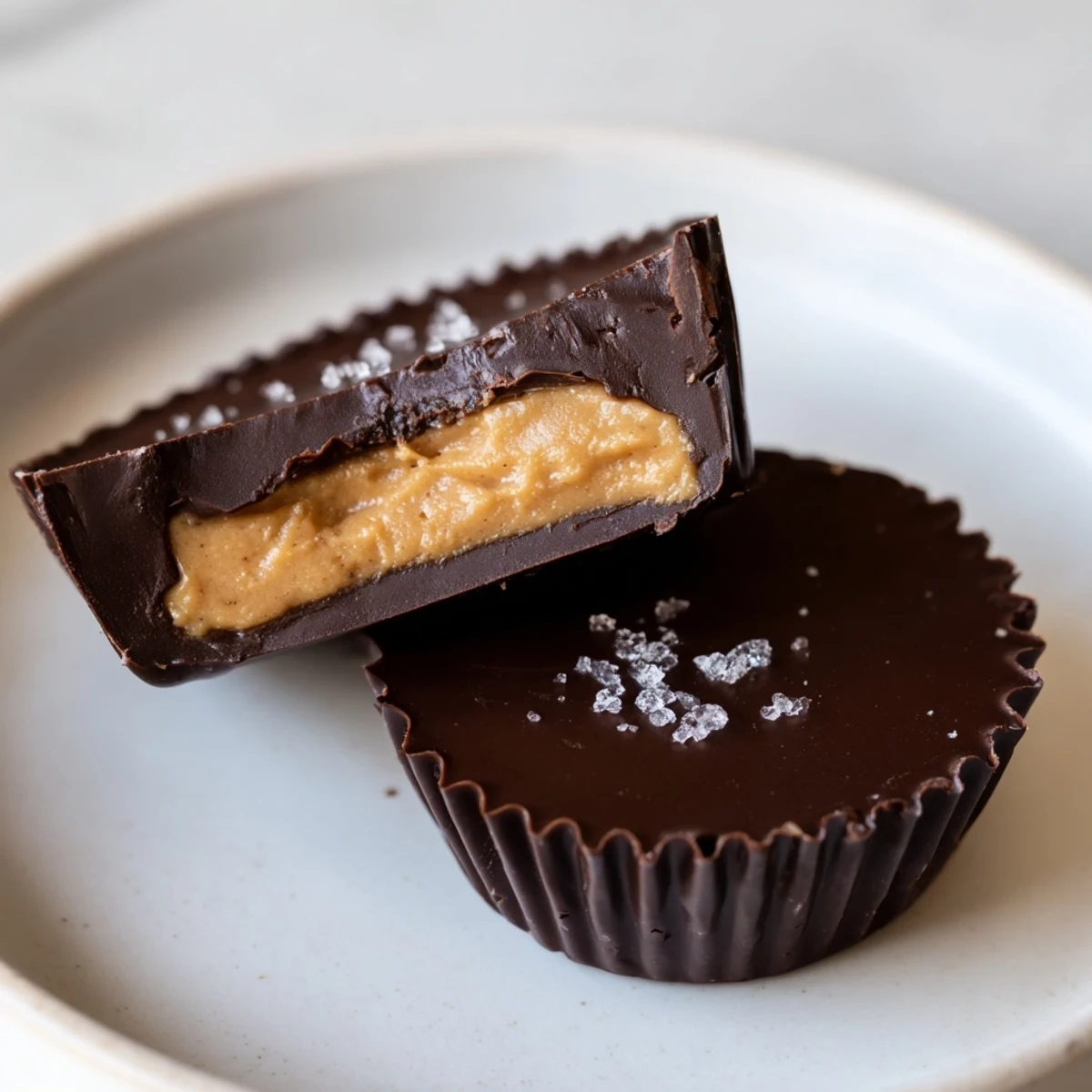 Homemade Chocolate Peanut Butter Cups stacked on a cooling rack with flaky sea salt on top.