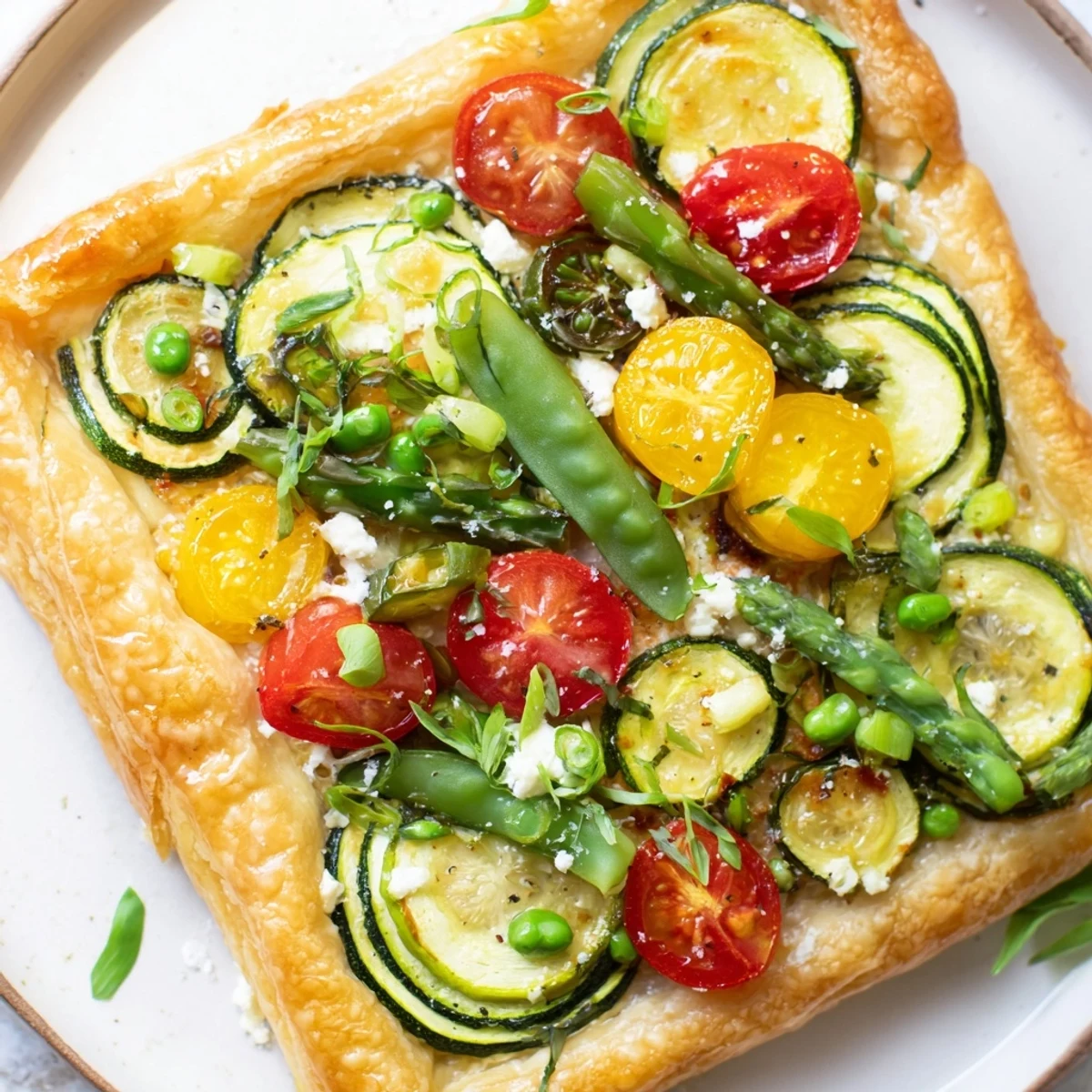 Spring Vegetable Tart with Puff Pastry rests on a wooden board, garnished with fresh basil and chives, ready to serve for a spring meal.