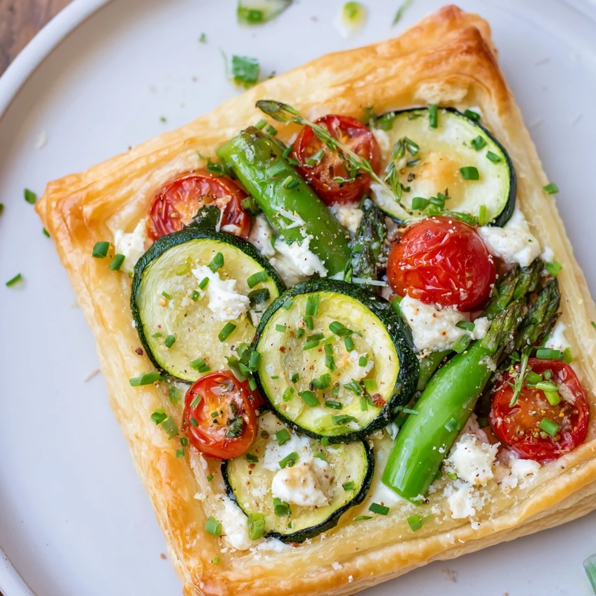 A close-up of a freshly baked Spring Vegetable Tart with Puff Pastry, featuring golden, flaky edges and colorful zucchini, asparagus, and cherry tomatoes.